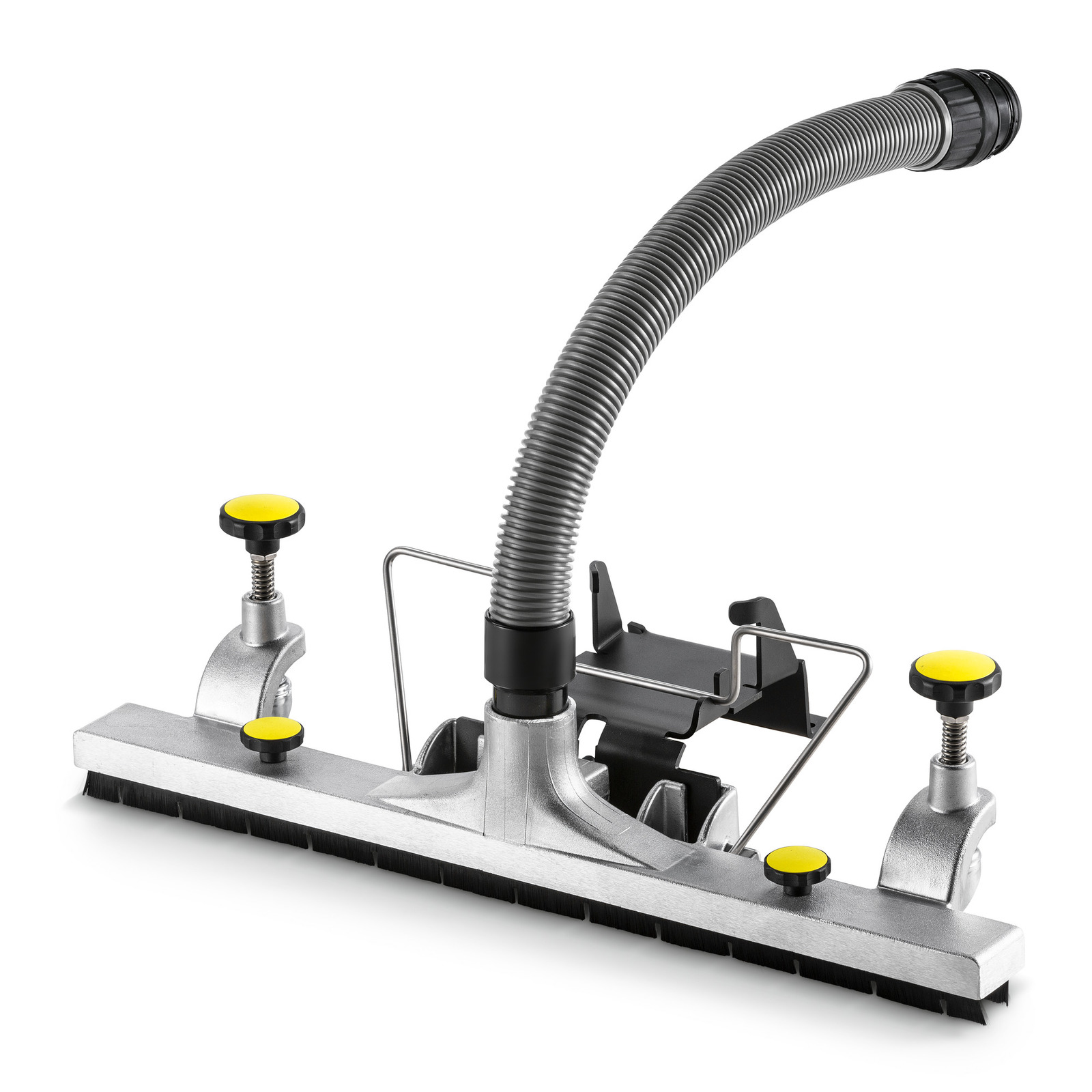 Kärcher floor tool with a metal frame, adjustable knobs, and a flexible hose attachment. Kärcher floor tool with a metal frame, adjustable knobs, and a flexible hose attachment.