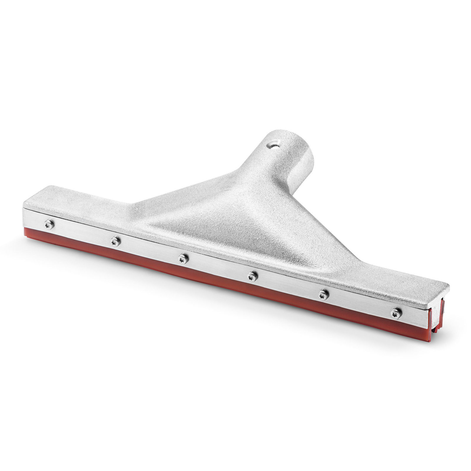 Kärcher floor nozzle with a wide, flat design, featuring a silver body and red rubber edge, set against a white background. Kärcher floor nozzle with a wide, flat design, featuring a silver body and red rubber edge, set against a white background.