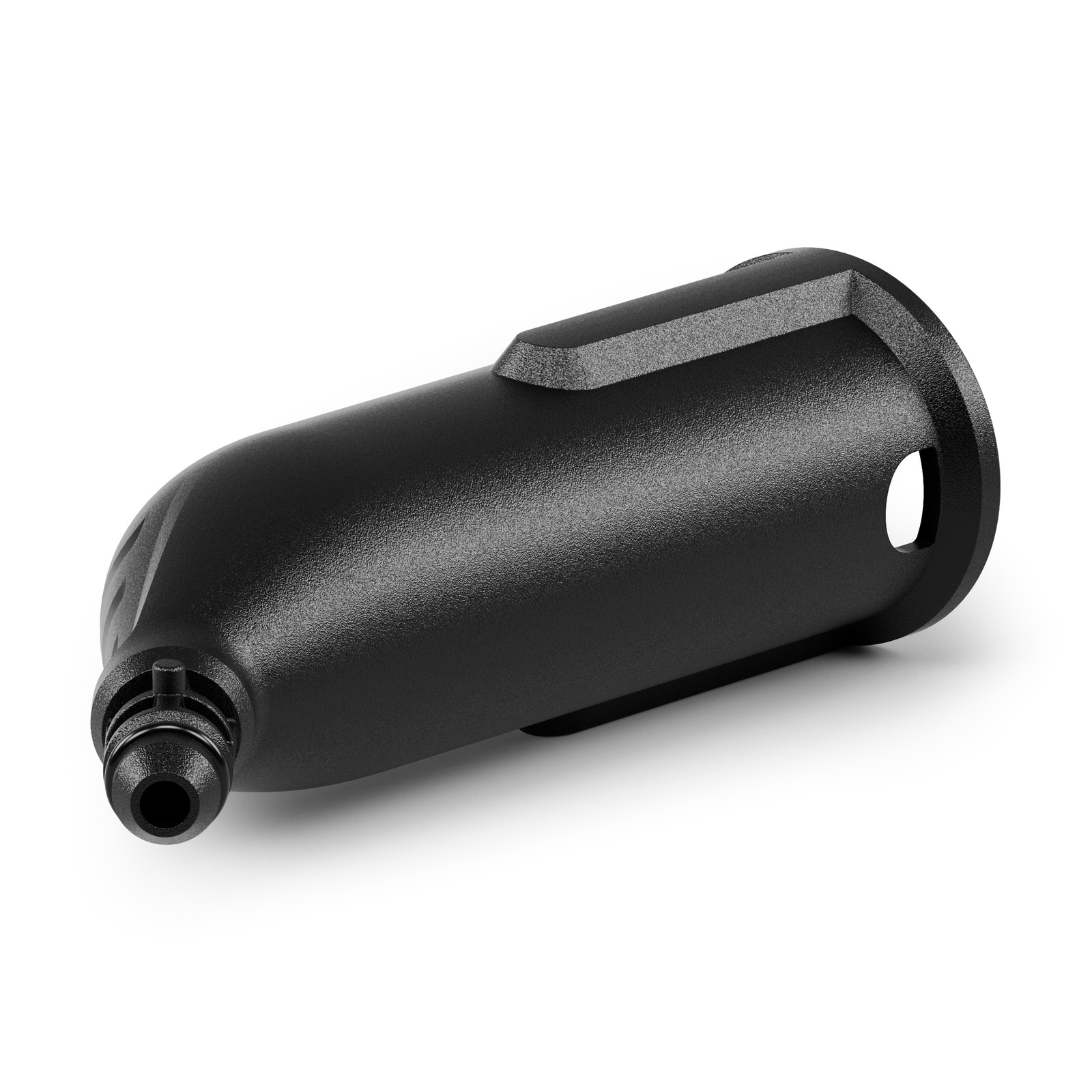 Black Kärcher spray nozzle attachment, cylindrical shape with a tapered end, isolated on a white background. Black Kärcher spray nozzle attachment, cylindrical shape with a tapered end, isolated on a white background.