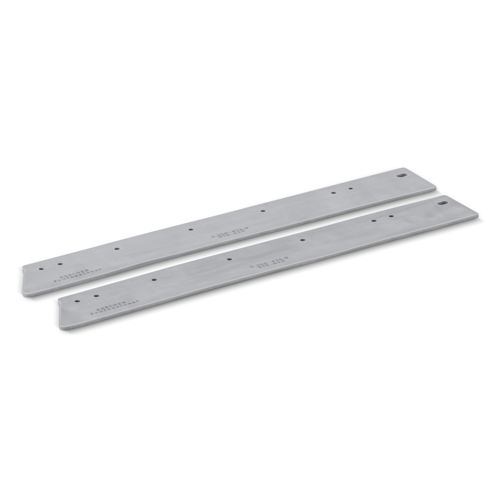 Two grey metal blades with multiple holes, positioned parallel on a white background. Two grey metal blades with multiple holes, positioned parallel on a white background.