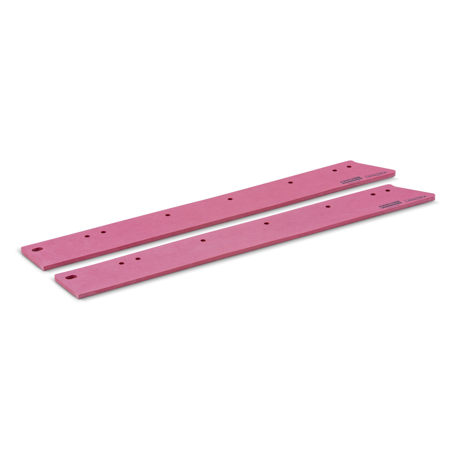 Two pink Kärcher rubber blades with multiple holes, lying parallel on a white background.