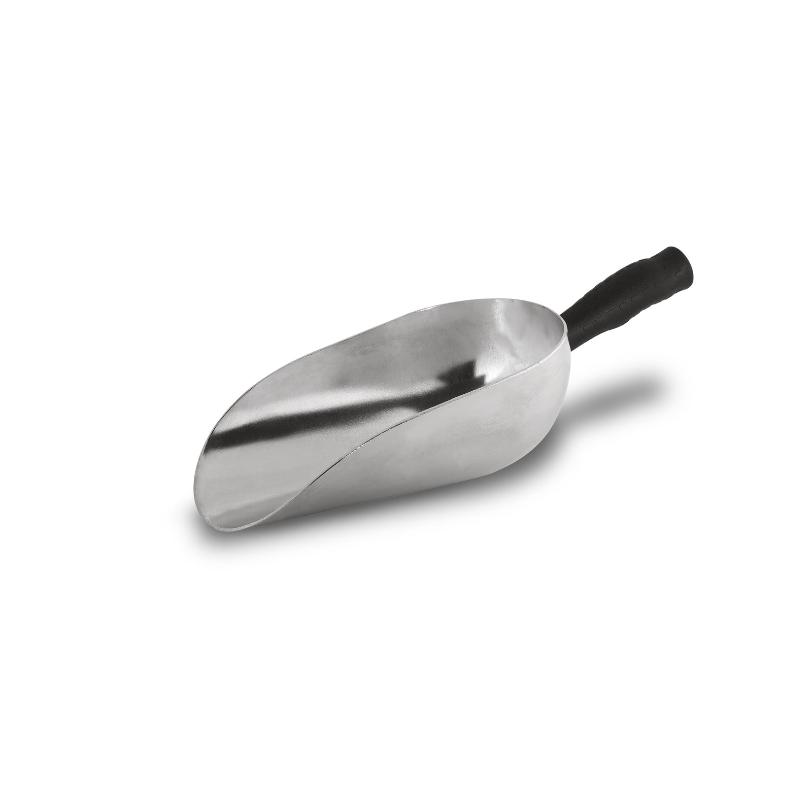 Metal scoop with a black handle, angled view, isolated on a white background.