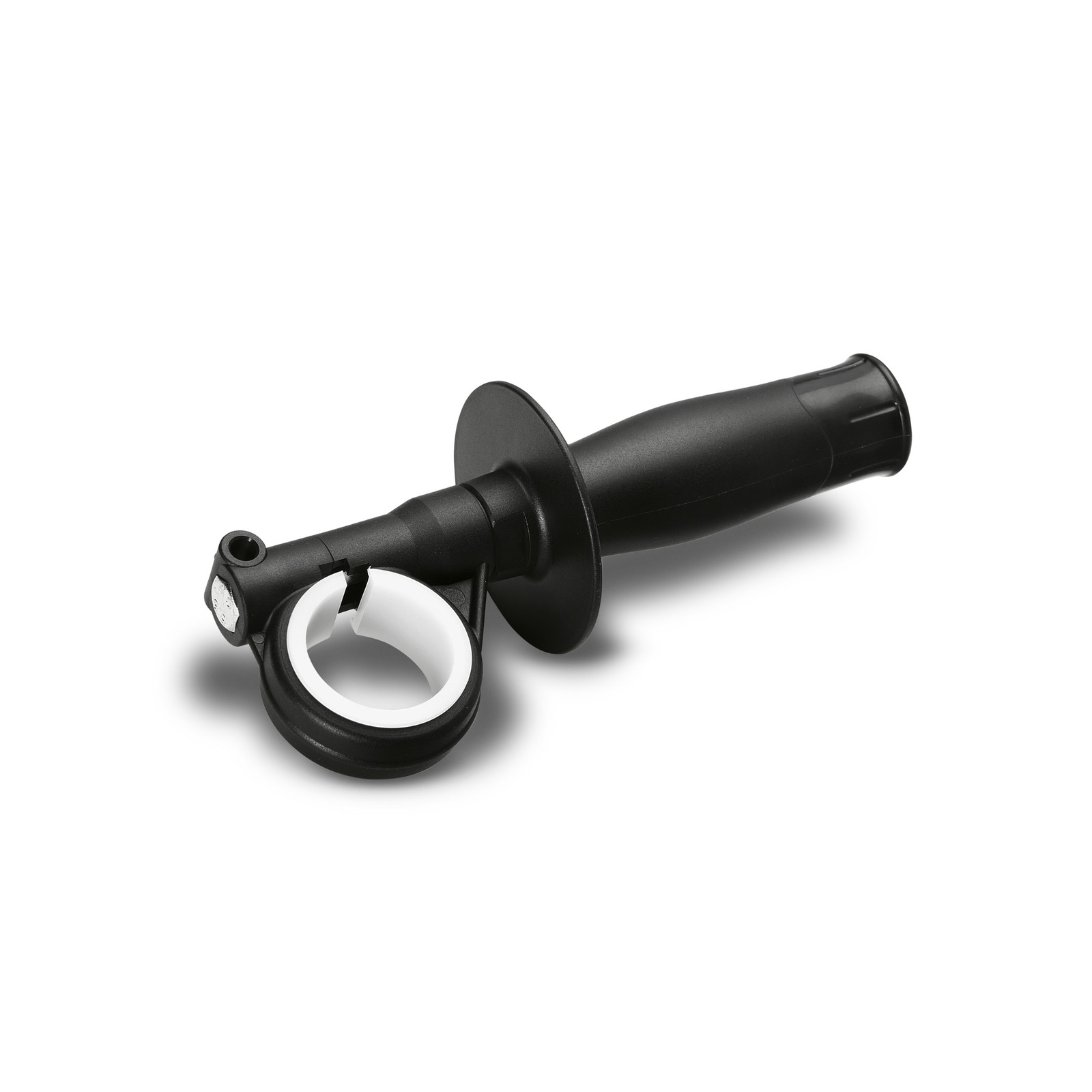 Black handle attachment with a circular white clamp, designed for a Kärcher tool, shown on a plain white background. Black handle attachment with a circular white clamp, designed for a Kärcher tool, shown on a plain white background.