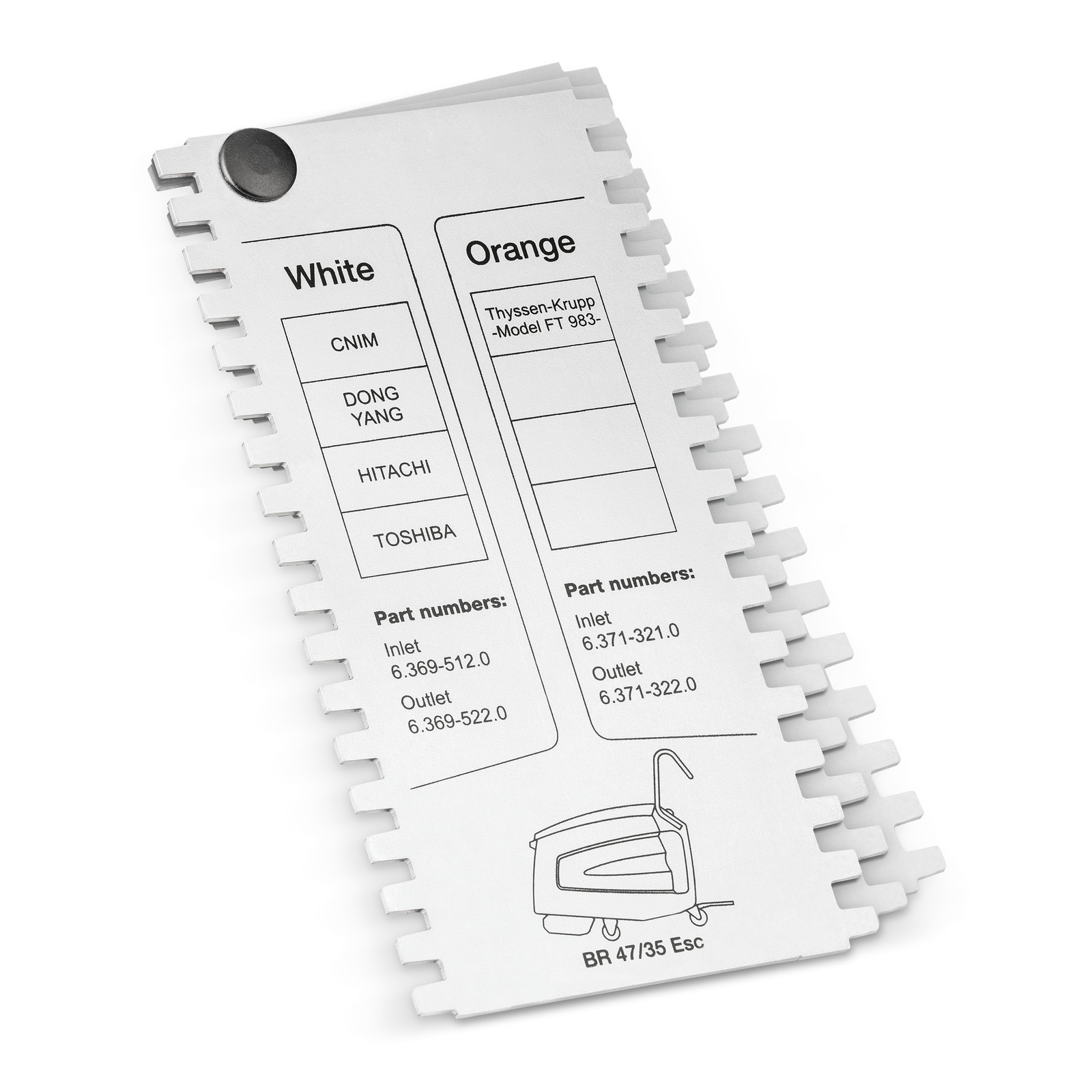 White and orange card with part numbers and brand names, including CNIM, Dong Yang, Hitachi, Toshiba, and Thyssen-Krupp. White and orange card with part numbers and brand names, including CNIM, Dong Yang, Hitachi, Toshiba, and Thyssen-Krupp.