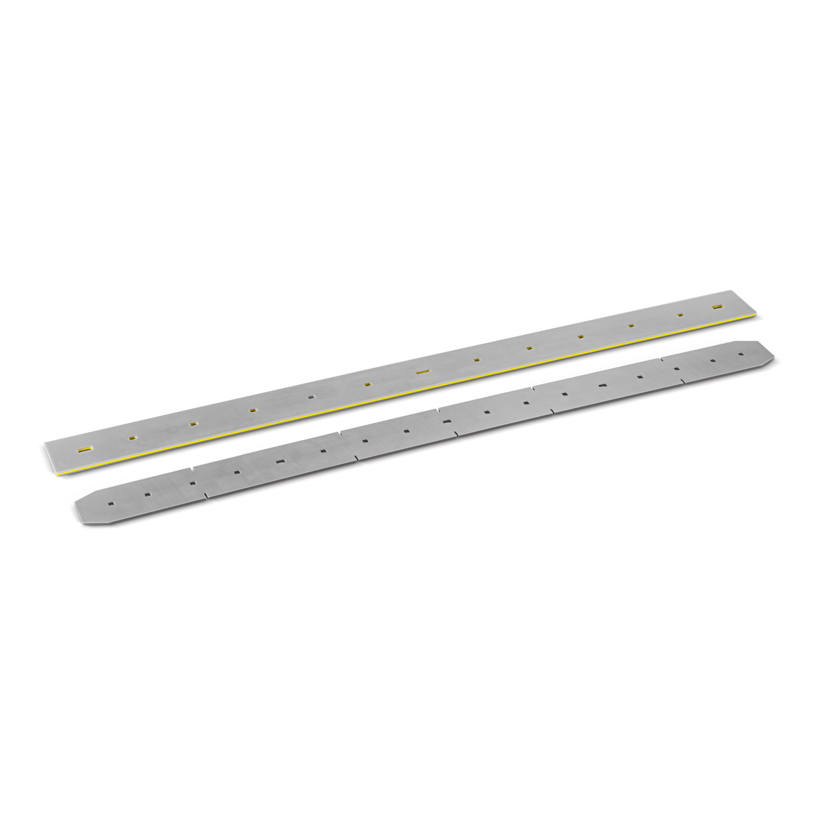 Two long, flat metal strips with multiple holes and yellow edges, positioned diagonally on a white background. Two long, flat metal strips with multiple holes and yellow edges, positioned diagonally on a white background.