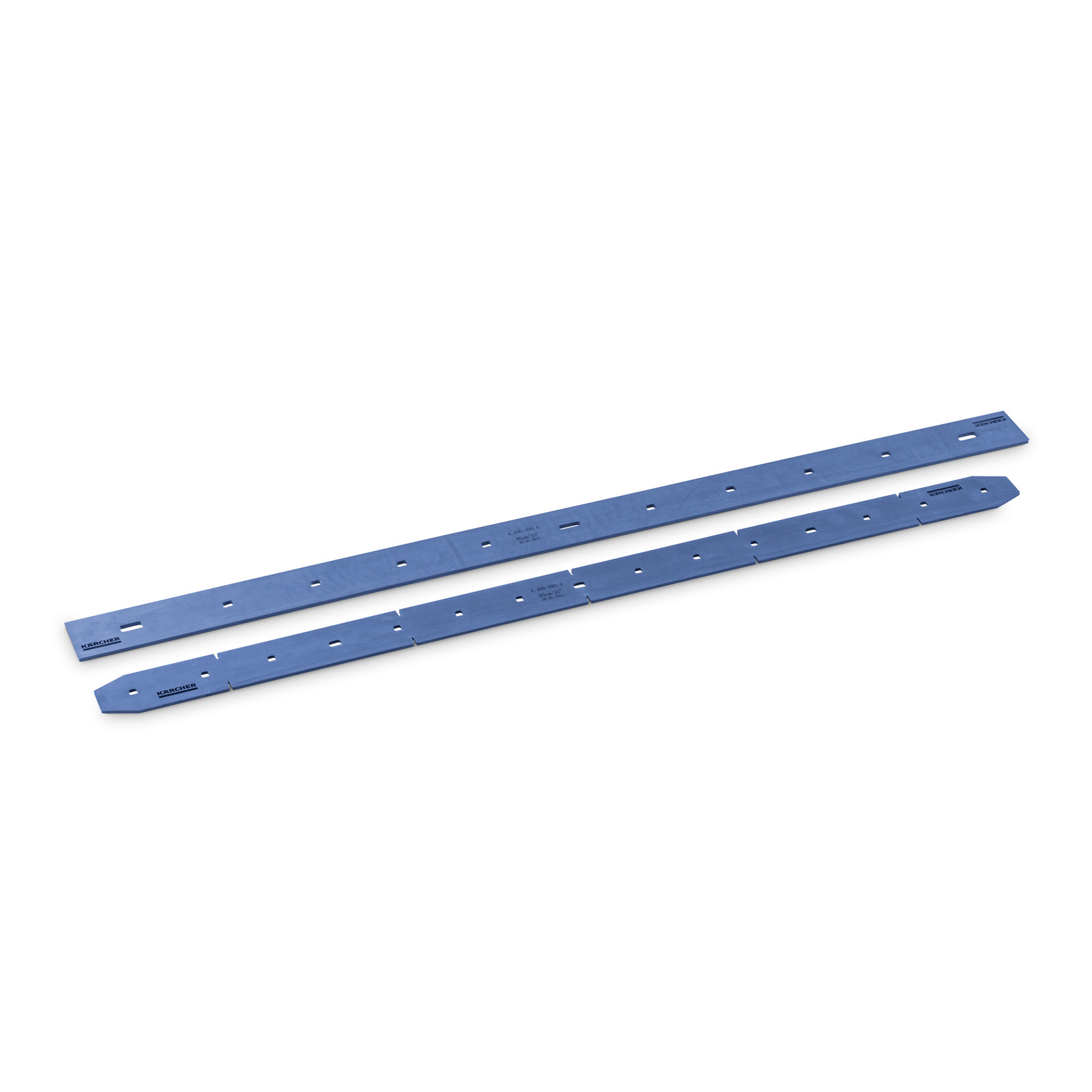 Two blue Kärcher replacement blades with multiple holes, laid parallel on a white background. Two blue Kärcher replacement blades with multiple holes, laid parallel on a white background.