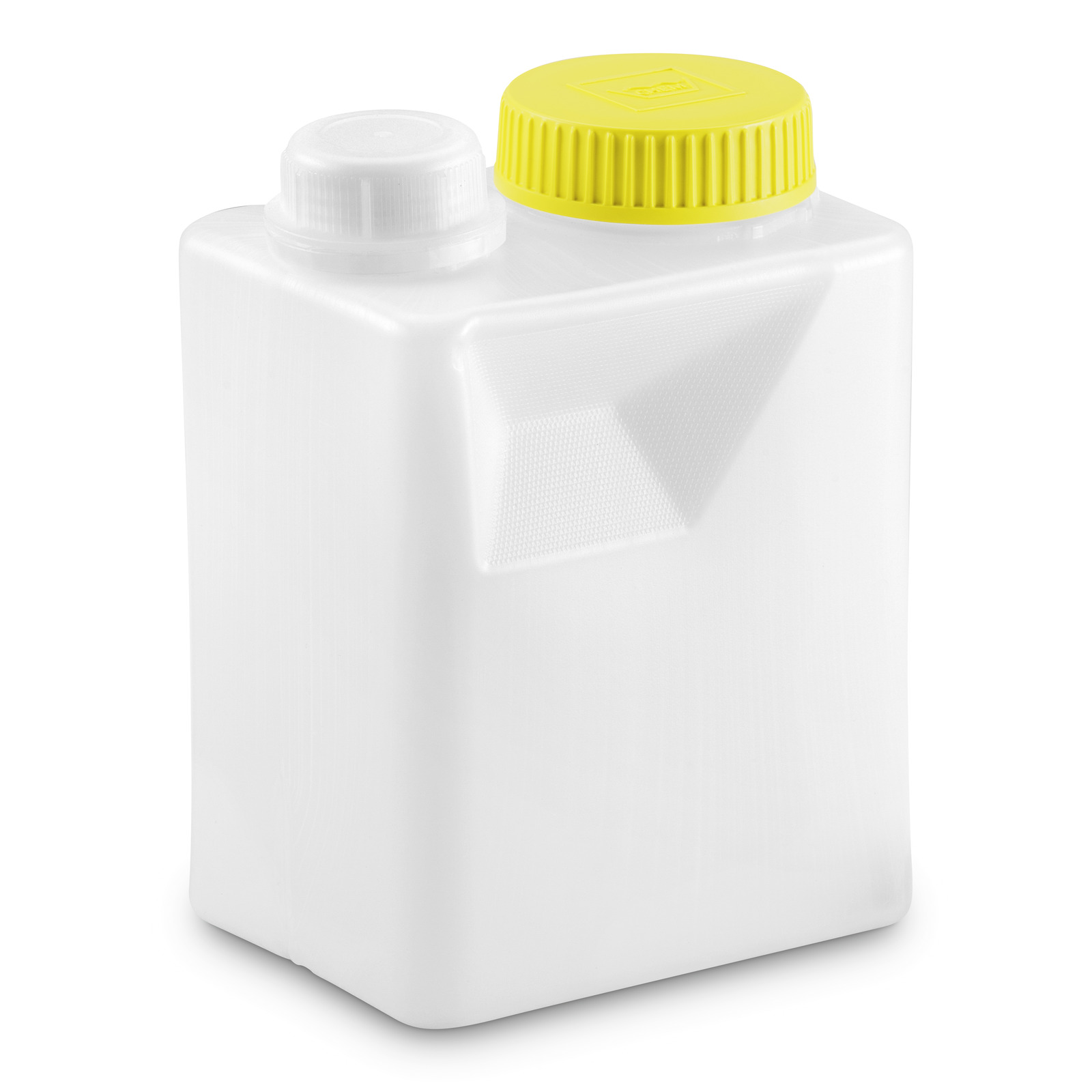 White plastic container with two screw caps, one yellow and one white, on a plain white background. White plastic container with two screw caps, one yellow and one white, on a plain white background.