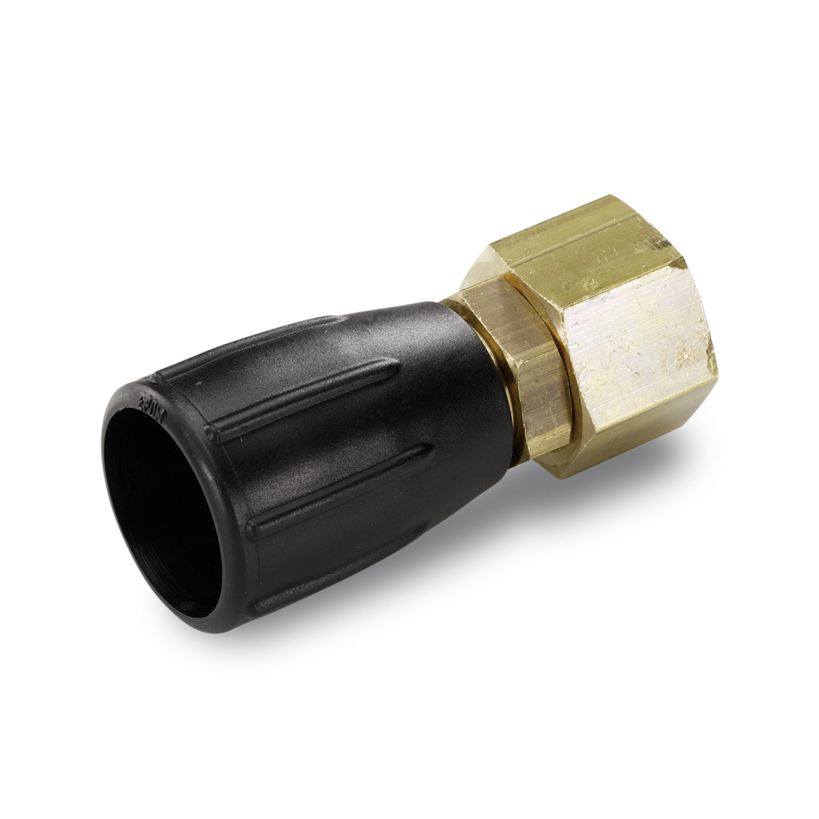 Black Kärcher hose connector with brass fitting, shown on a white background. Black Kärcher hose connector with brass fitting, shown on a white background.