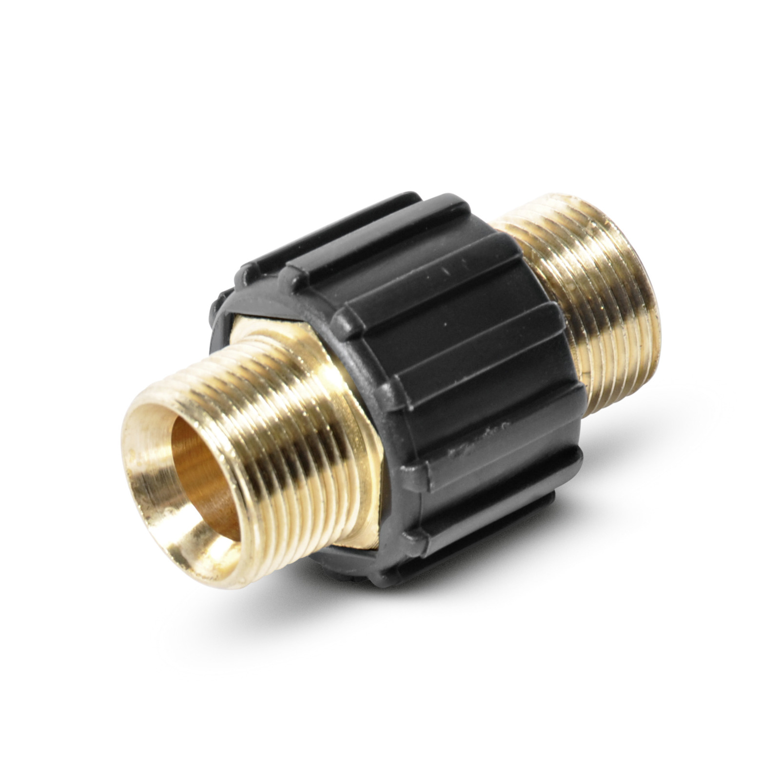 Brass hose connector with black plastic grip, featuring threaded ends for attachment.