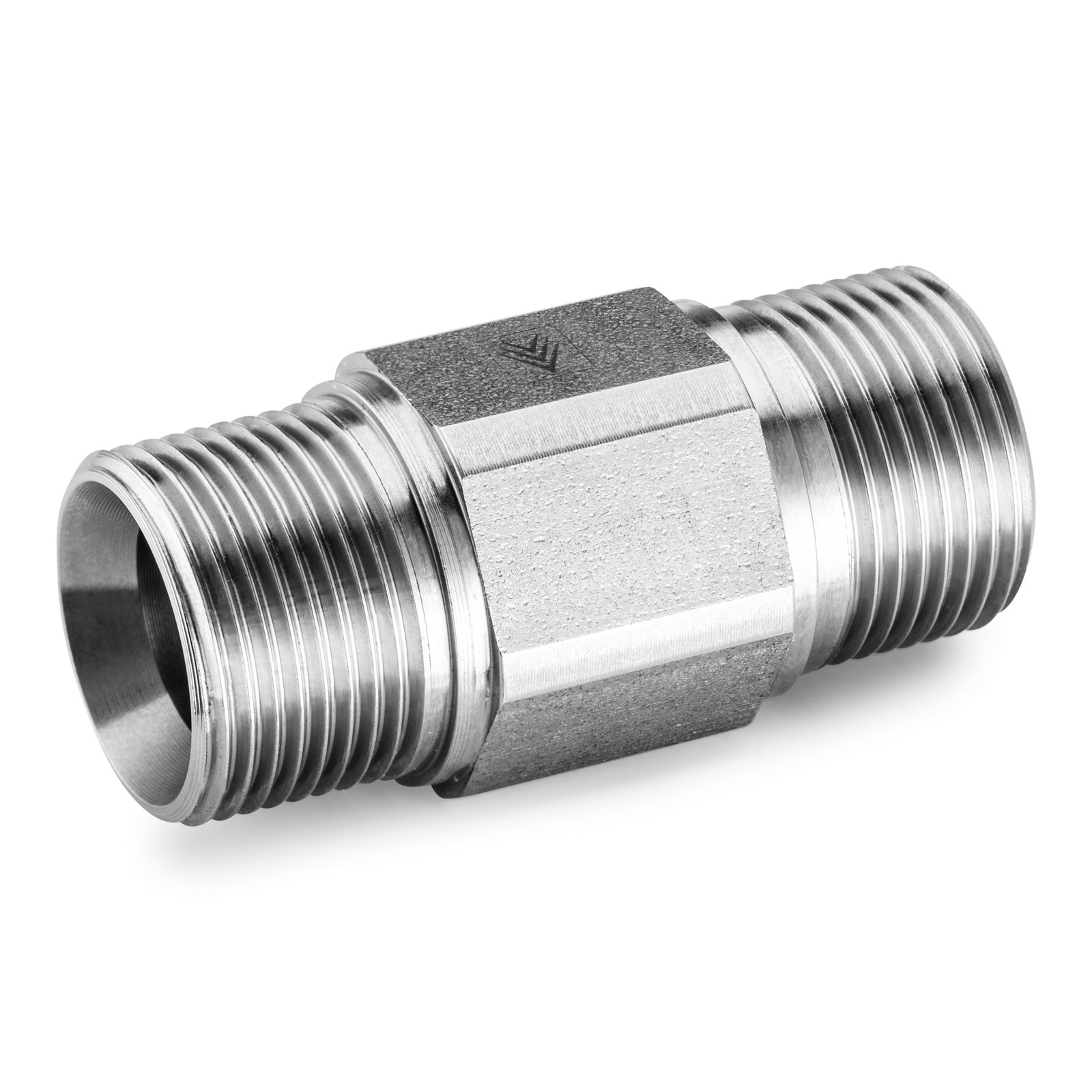 Metal threaded connector with hexagonal centre, featuring male threads on both ends, isolated on a white background. Metal threaded connector with hexagonal centre, featuring male threads on both ends, isolated on a white background.