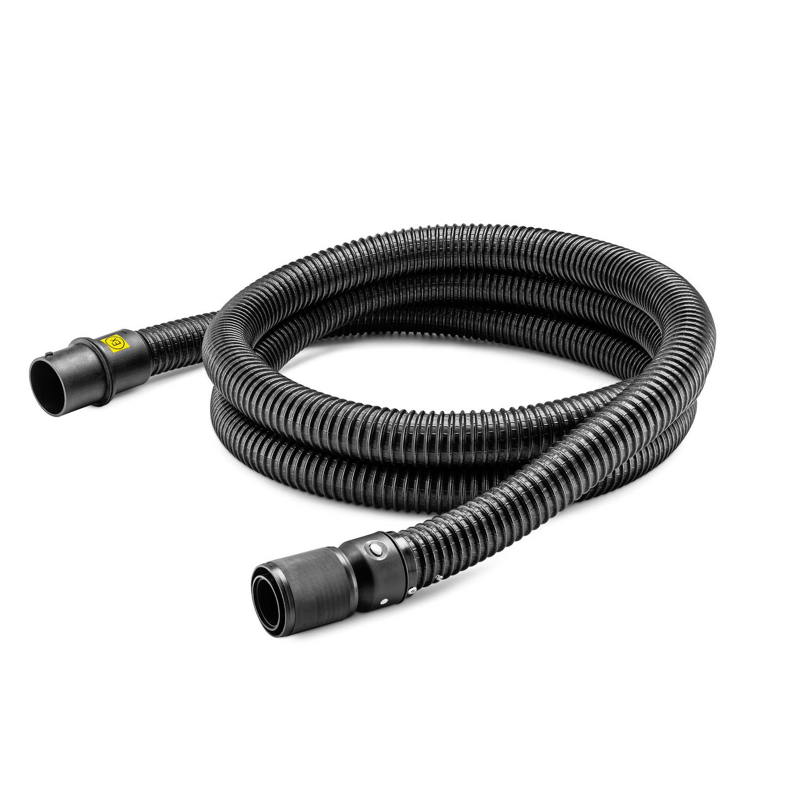 Coiled black Kärcher vacuum hose with connectors at both ends, set against a white background.