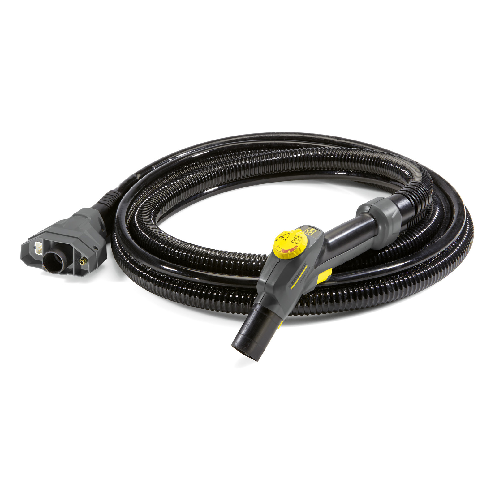 Kärcher steam cleaner hose with black coiled tubing and grey connectors, featuring a yellow control dial. Kärcher steam cleaner hose with black coiled tubing and grey connectors, featuring a yellow control dial.