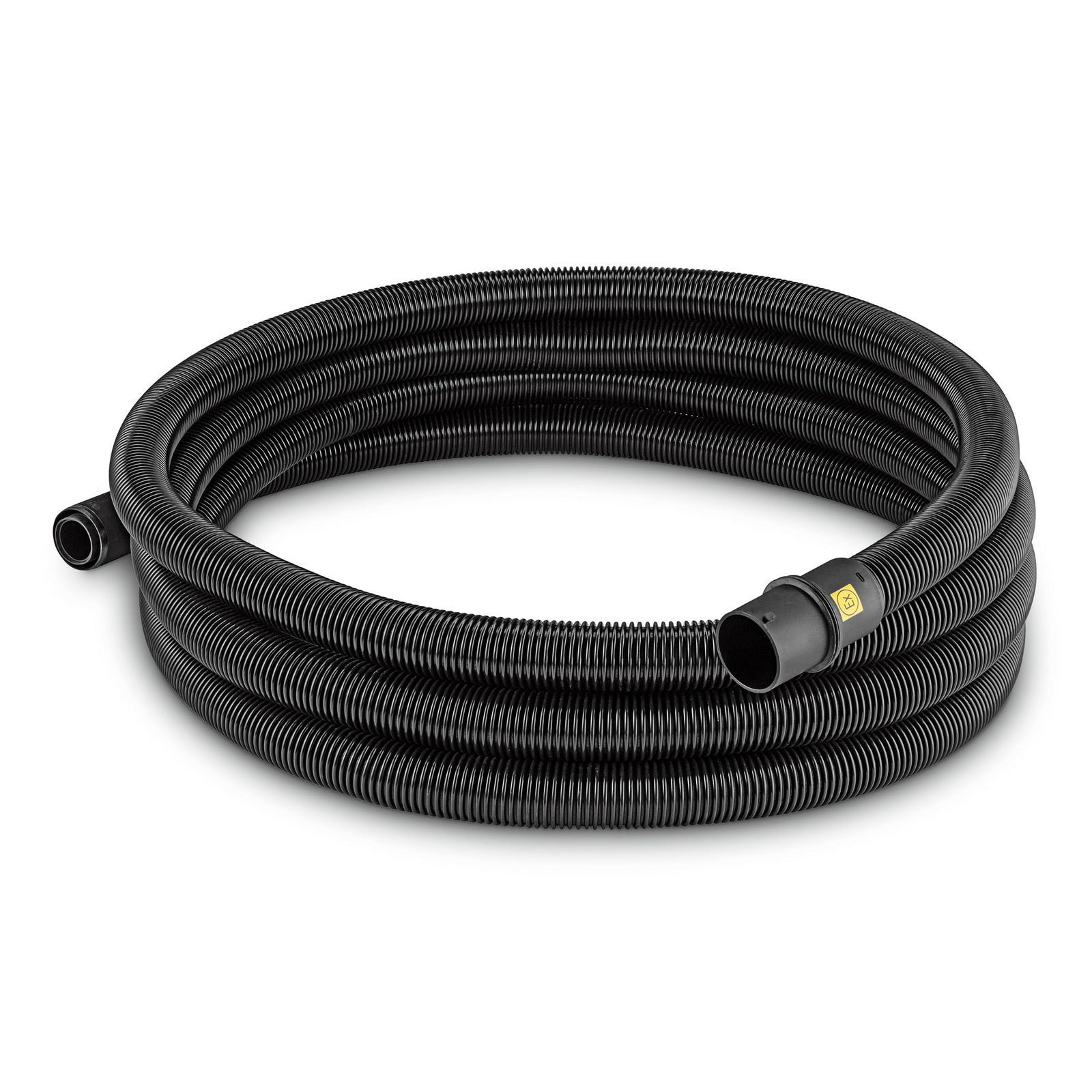 Coiled black Kärcher suction hose with ribbed texture and connectors at both ends.