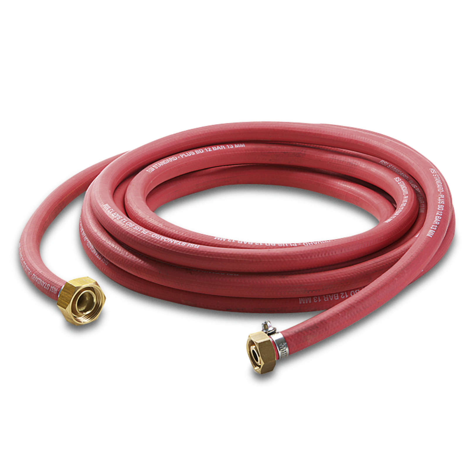 Red coiled hose with brass fittings on both ends, featuring printed text along its length. Red coiled hose with brass fittings on both ends, featuring printed text along its length.