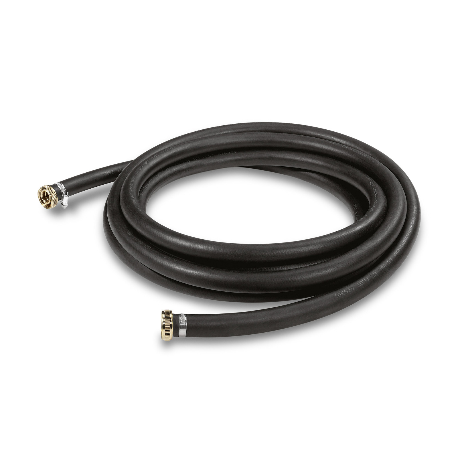 Coiled black Kärcher hose with brass connectors on both ends, placed on a white background. Coiled black Kärcher hose with brass connectors on both ends, placed on a white background.