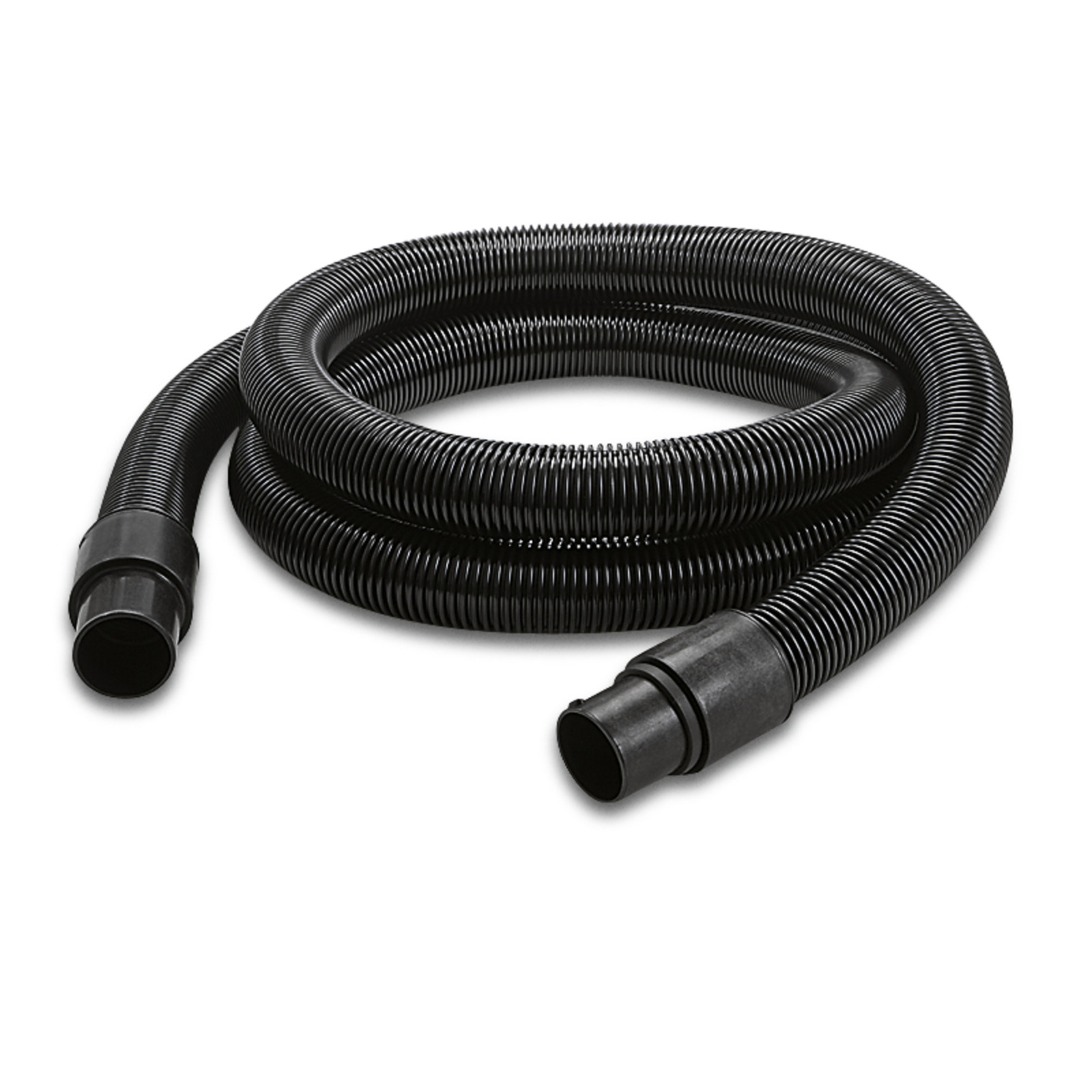 Coiled black Kärcher vacuum hose with ribbed texture and connectors at both ends.