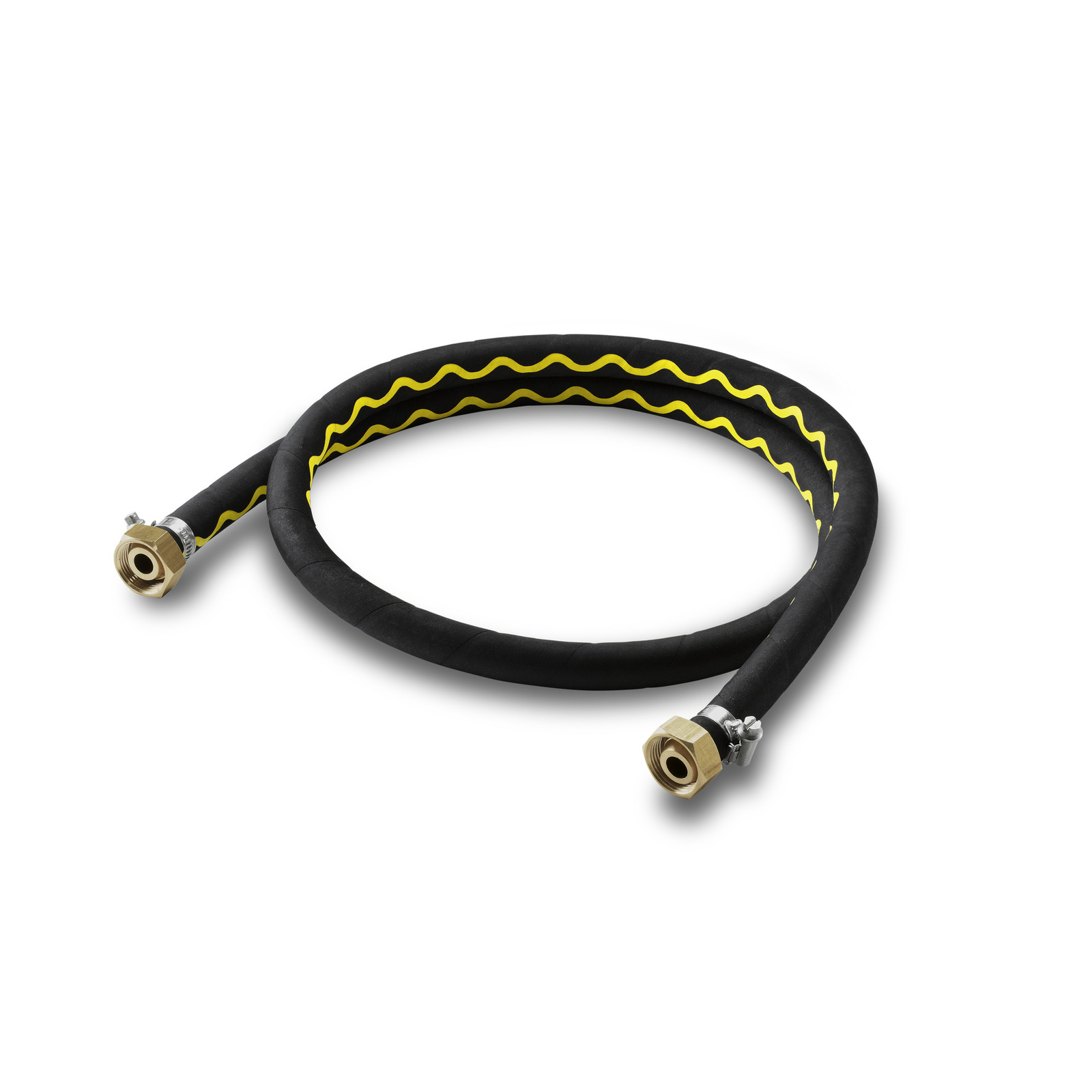 Black hose with yellow zigzag pattern, featuring brass connectors at both ends, coiled on a white background. Black hose with yellow zigzag pattern, featuring brass connectors at both ends, coiled on a white background.