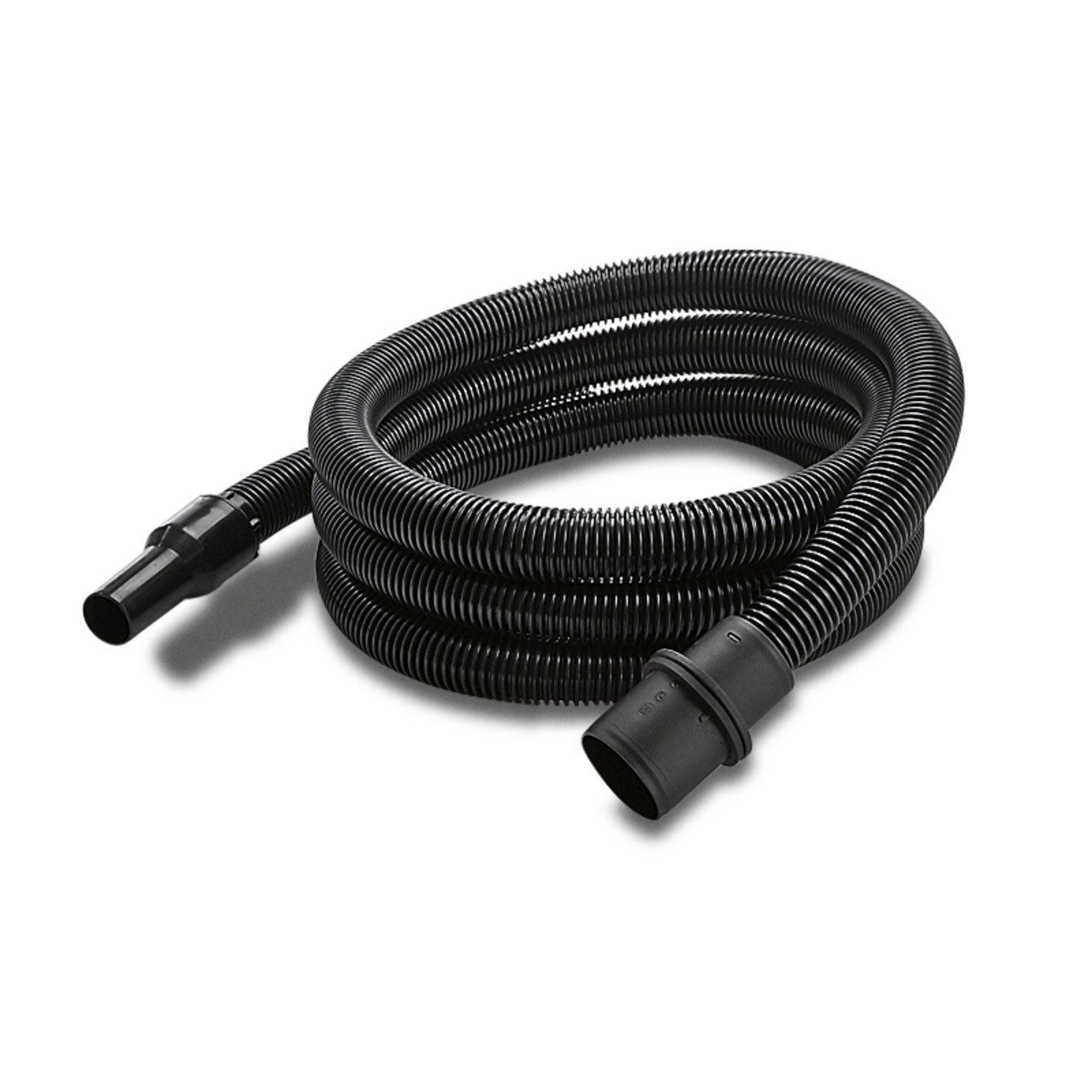 Coiled black Kärcher vacuum hose with connectors on both ends, displayed on a white background.