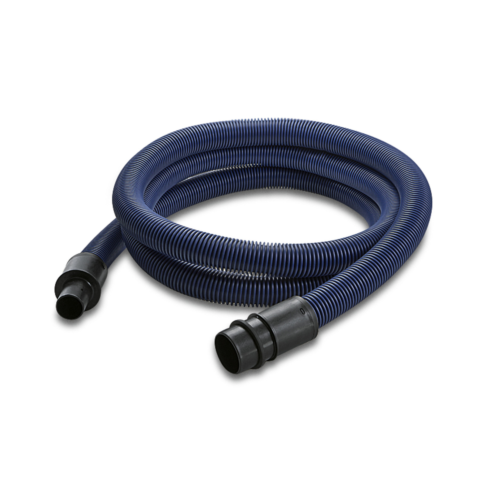 Coiled blue vacuum hose with black connectors on both ends, placed on a white background.