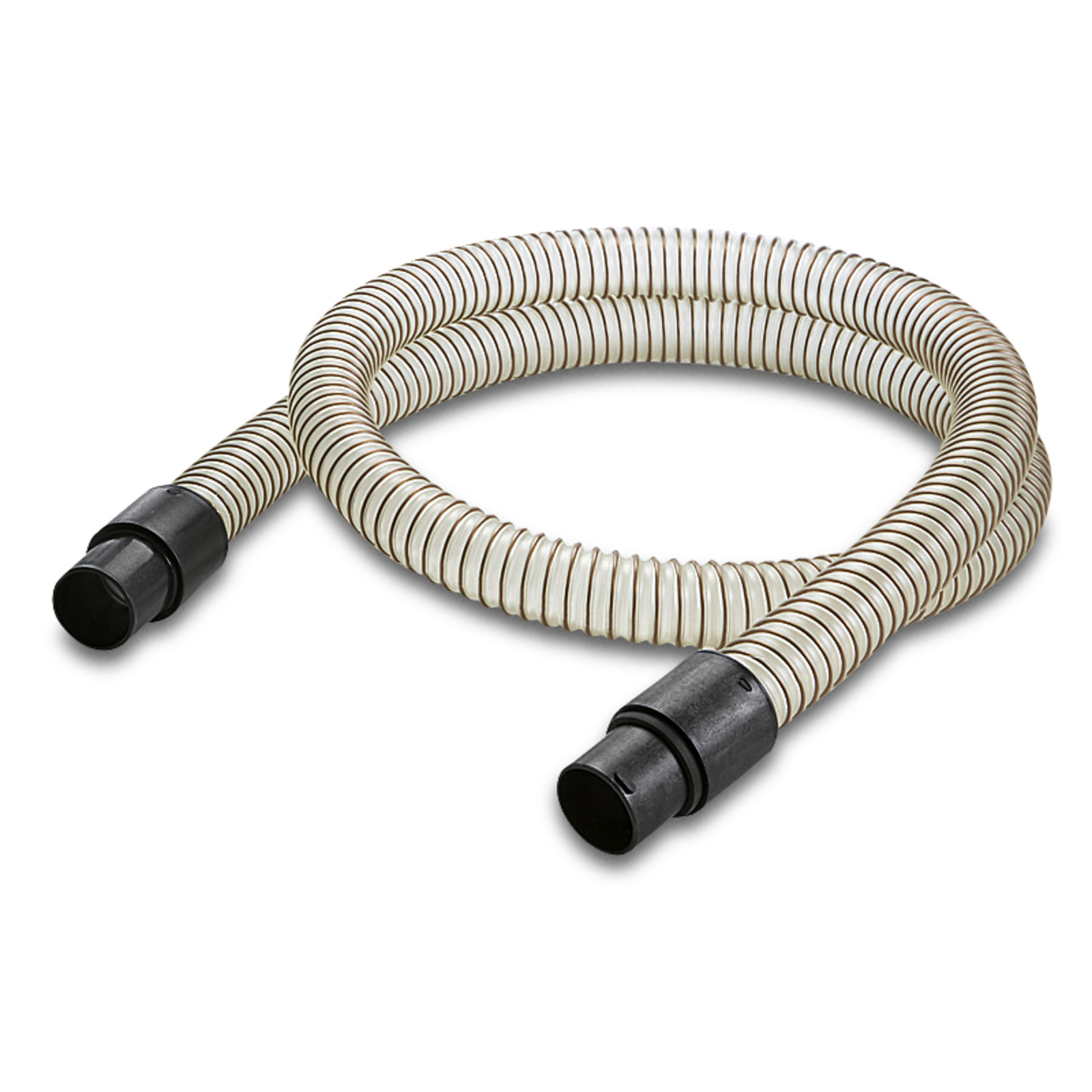 Coiled white hose with black connectors at both ends, placed on a plain white background.