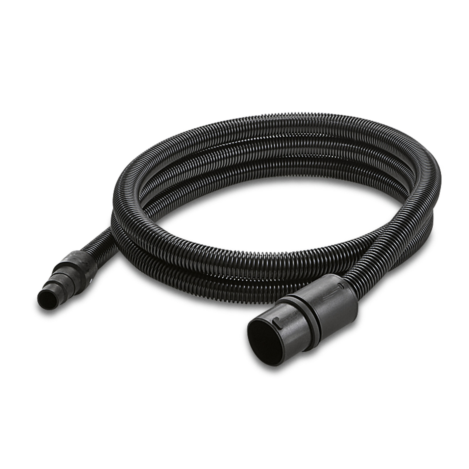 Black Kärcher vacuum cleaner hose coiled on a white background, featuring ribbed texture and connectors at both ends.