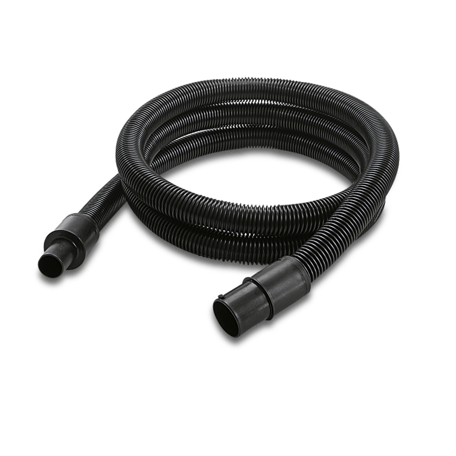 Coiled black Kärcher vacuum hose with connectors at both ends, placed on a white background. Coiled black Kärcher vacuum hose with connectors at both ends, placed on a white background.