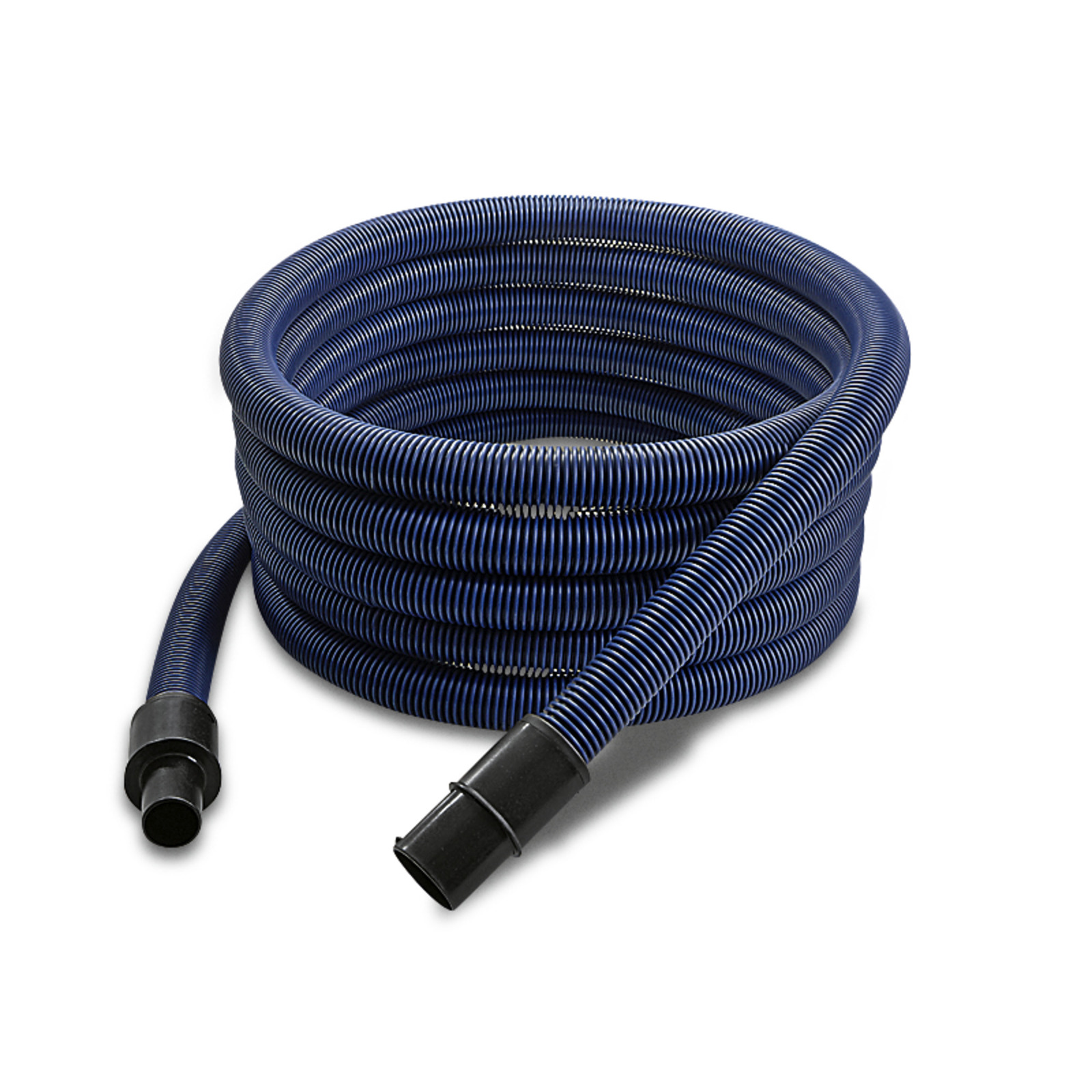 Coiled blue Kärcher suction hose with black connectors on both ends, set against a white background.