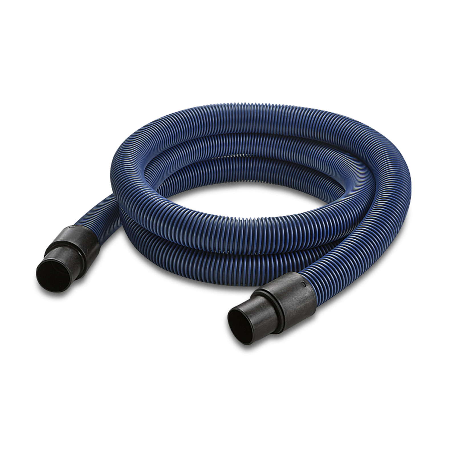 Coiled blue Kärcher suction hose with black connectors on both ends, placed on a white background.