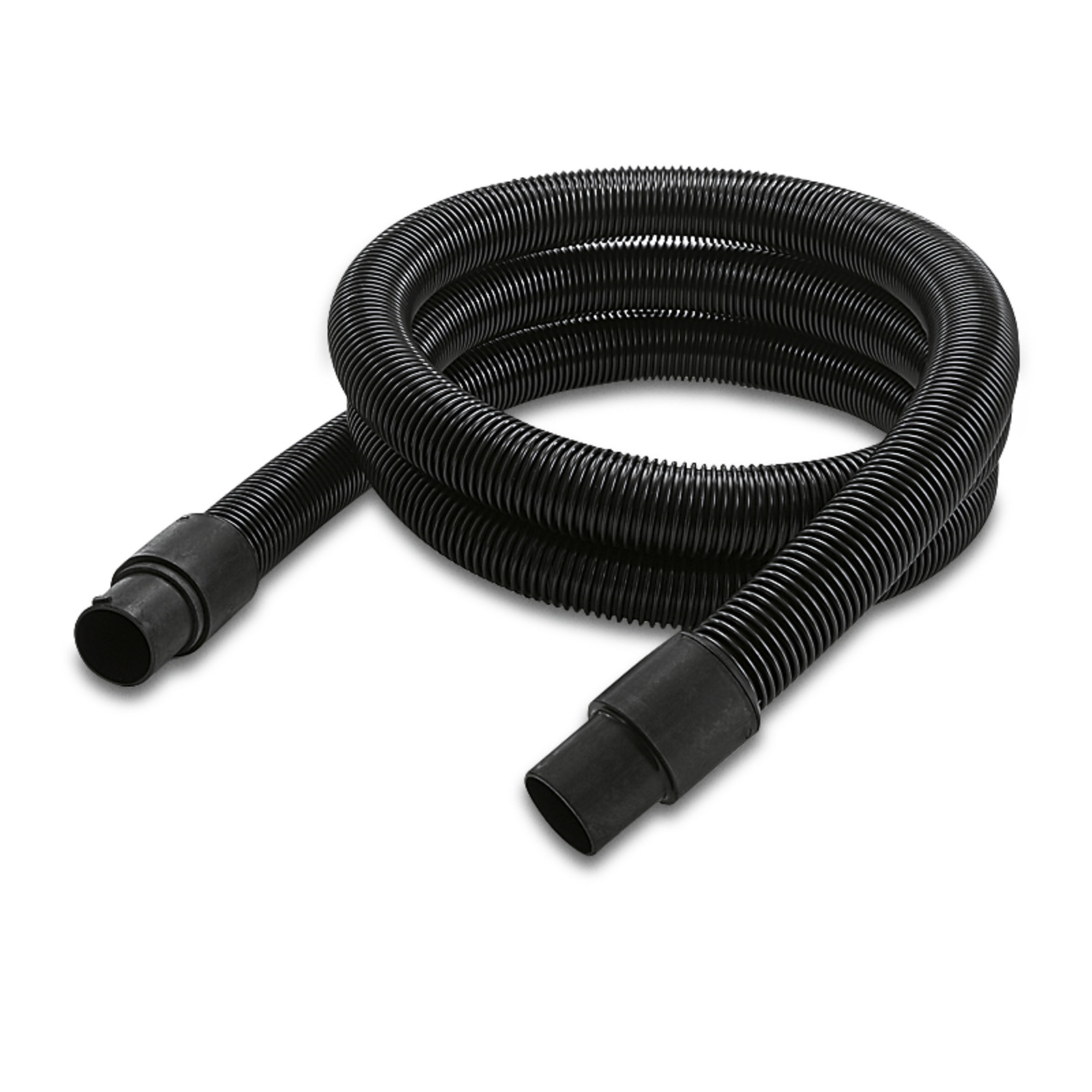 Coiled black Kärcher vacuum hose with ribbed texture and connectors at both ends.
