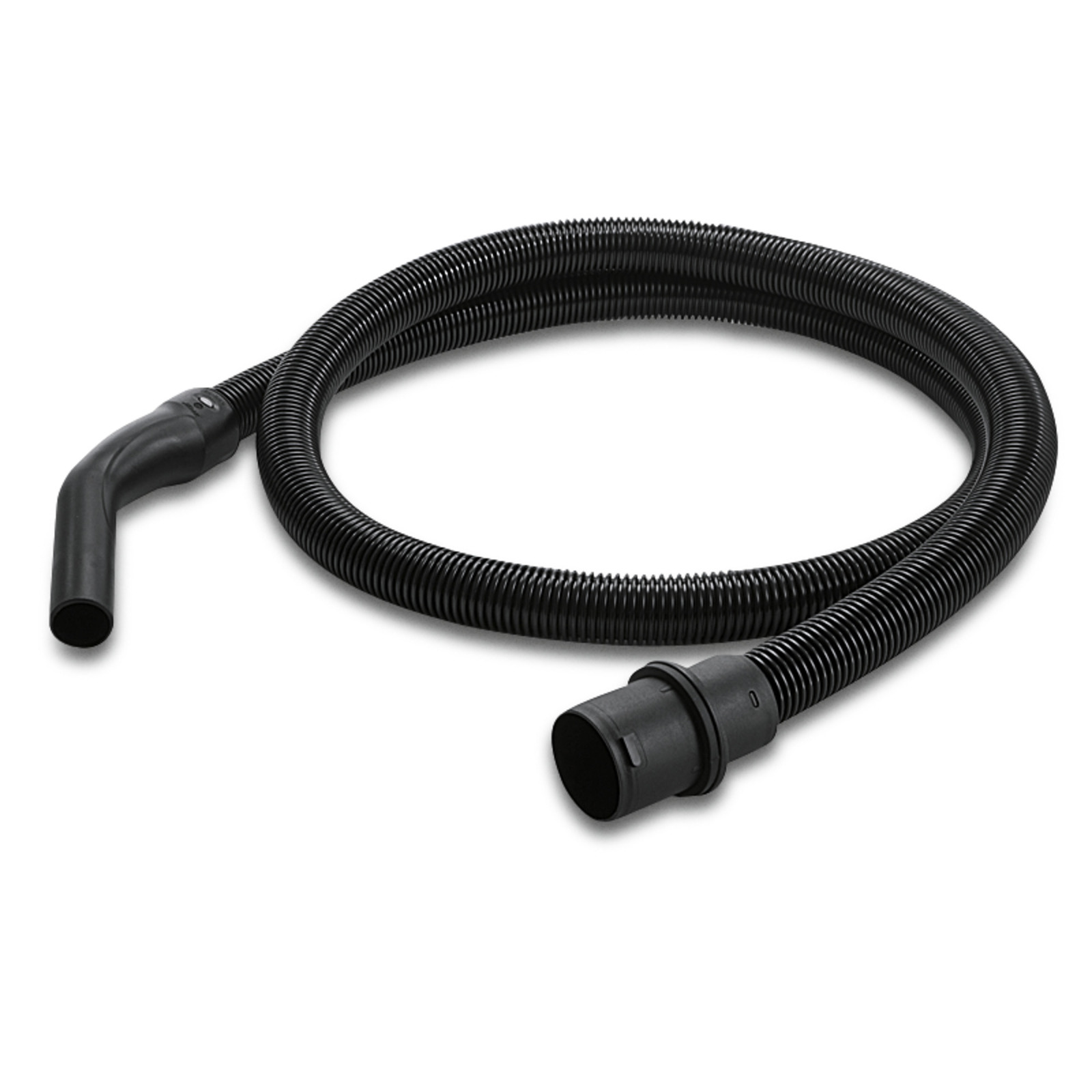 Black Kärcher vacuum cleaner hose with a curved nozzle and connector, coiled on a white background.