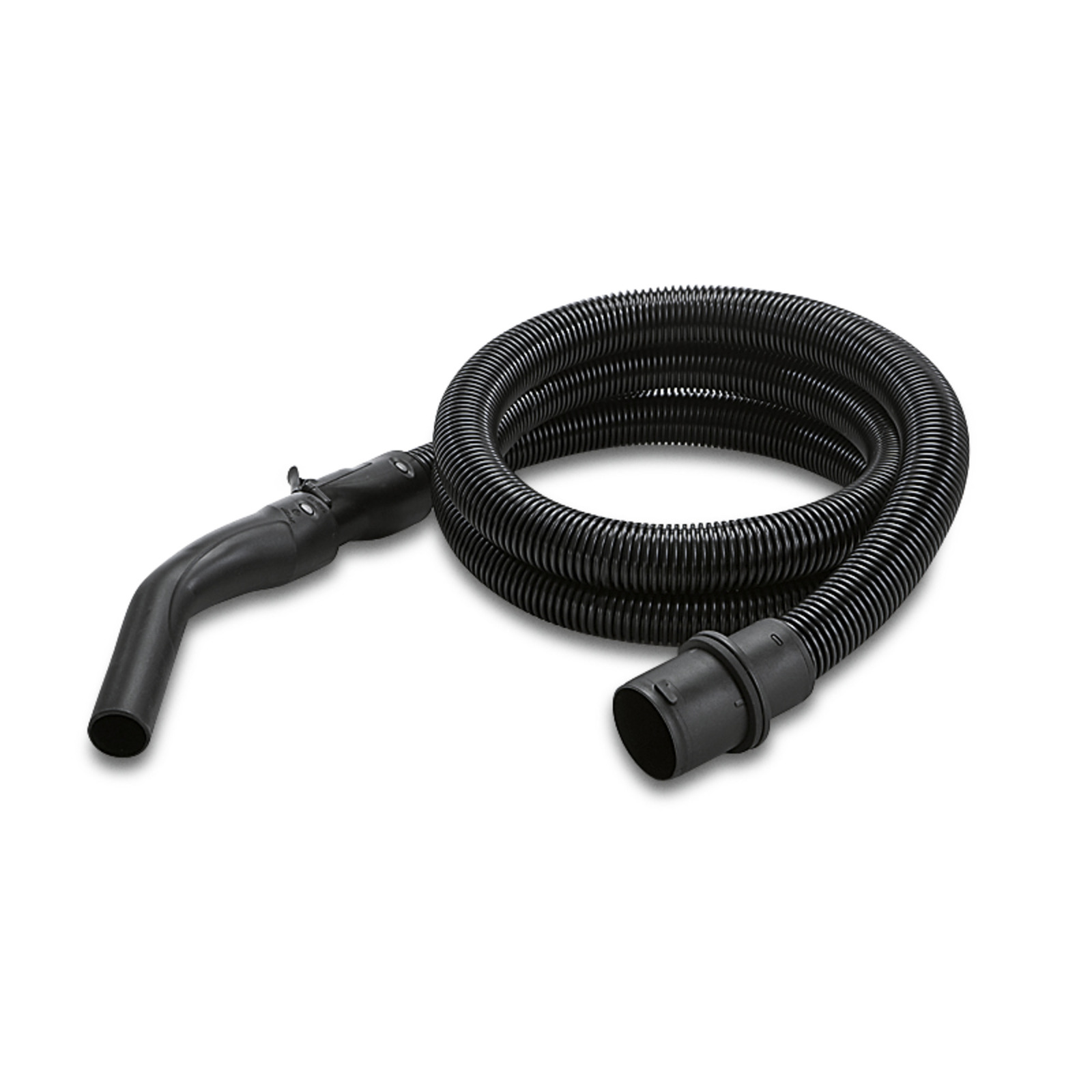 Black Kärcher vacuum cleaner hose coiled with curved nozzle attachment on a white background.