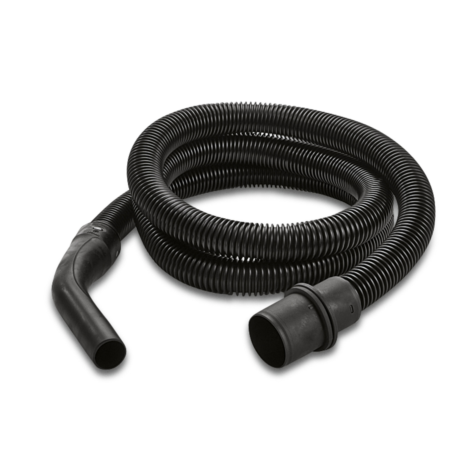 Black Kärcher vacuum cleaner hose coiled on a white background, featuring a curved nozzle and connector end.