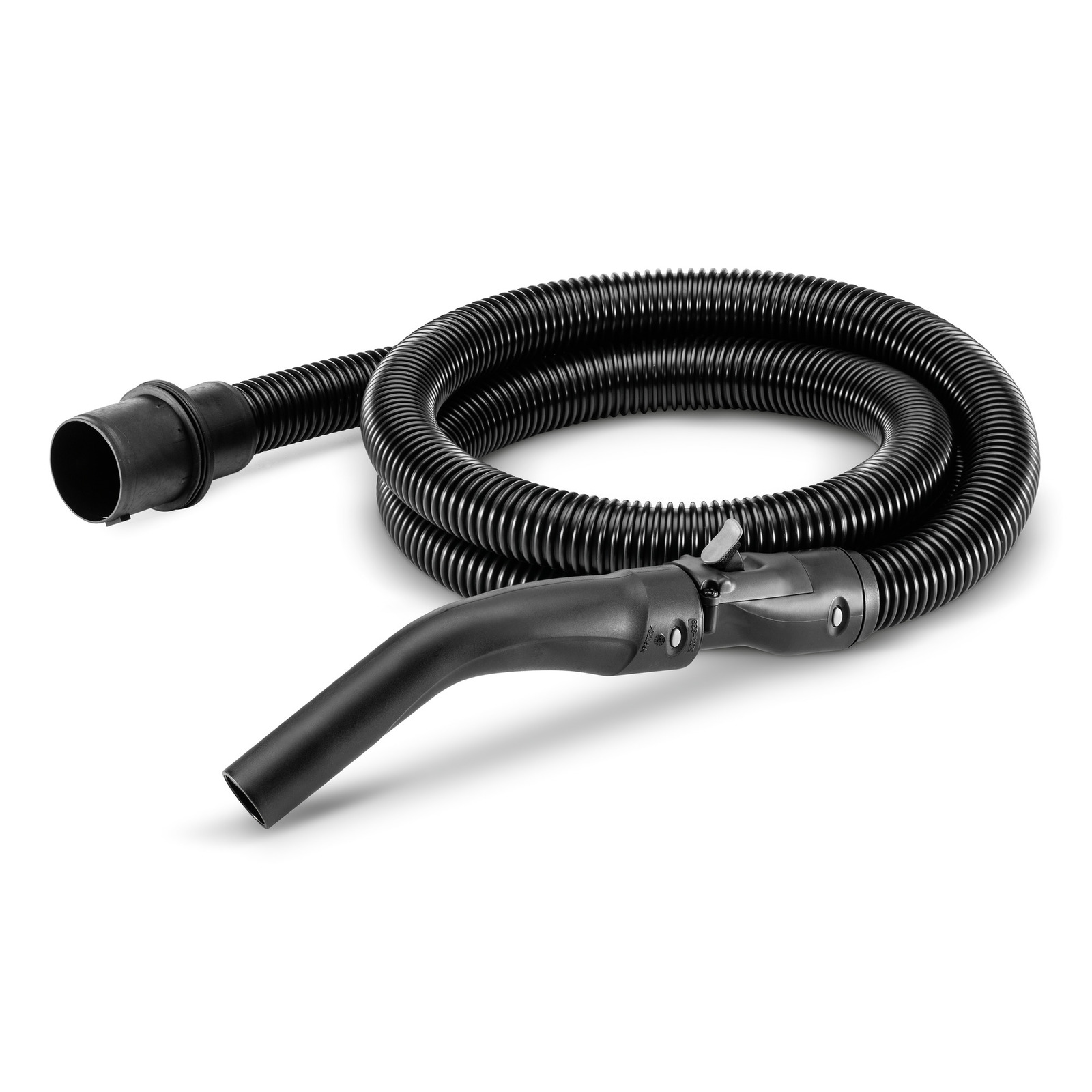 Black Kärcher vacuum cleaner hose with curved nozzle, coiled on a white background.
