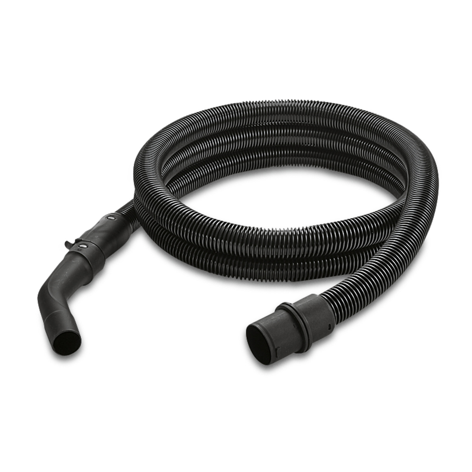 Coiled black Kärcher vacuum hose with a curved nozzle and connector ends, placed on a white background. Coiled black Kärcher vacuum hose with a curved nozzle and connector ends, placed on a white background.
