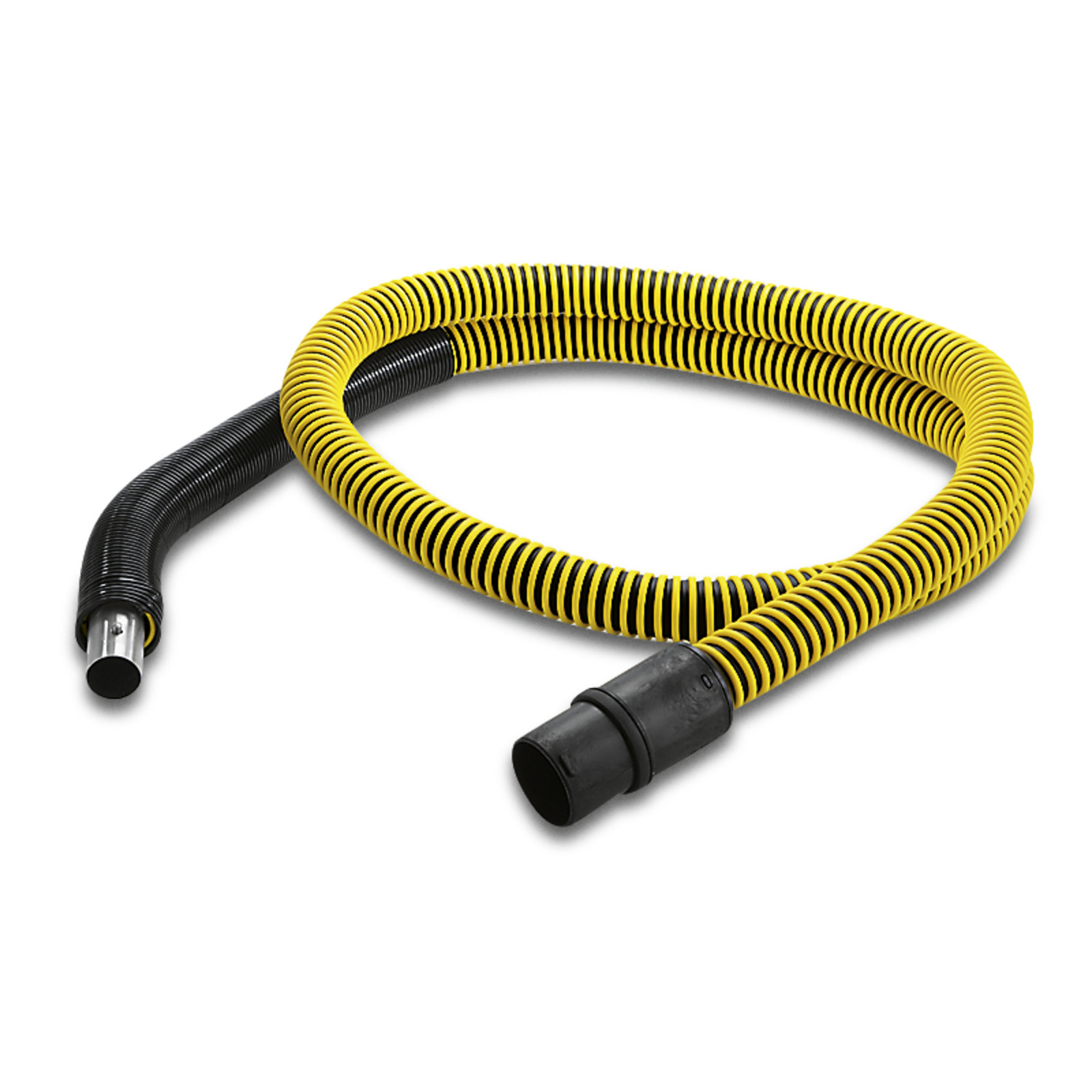 Yellow and black Kärcher vacuum hose with connectors on both ends, coiled on a white background.