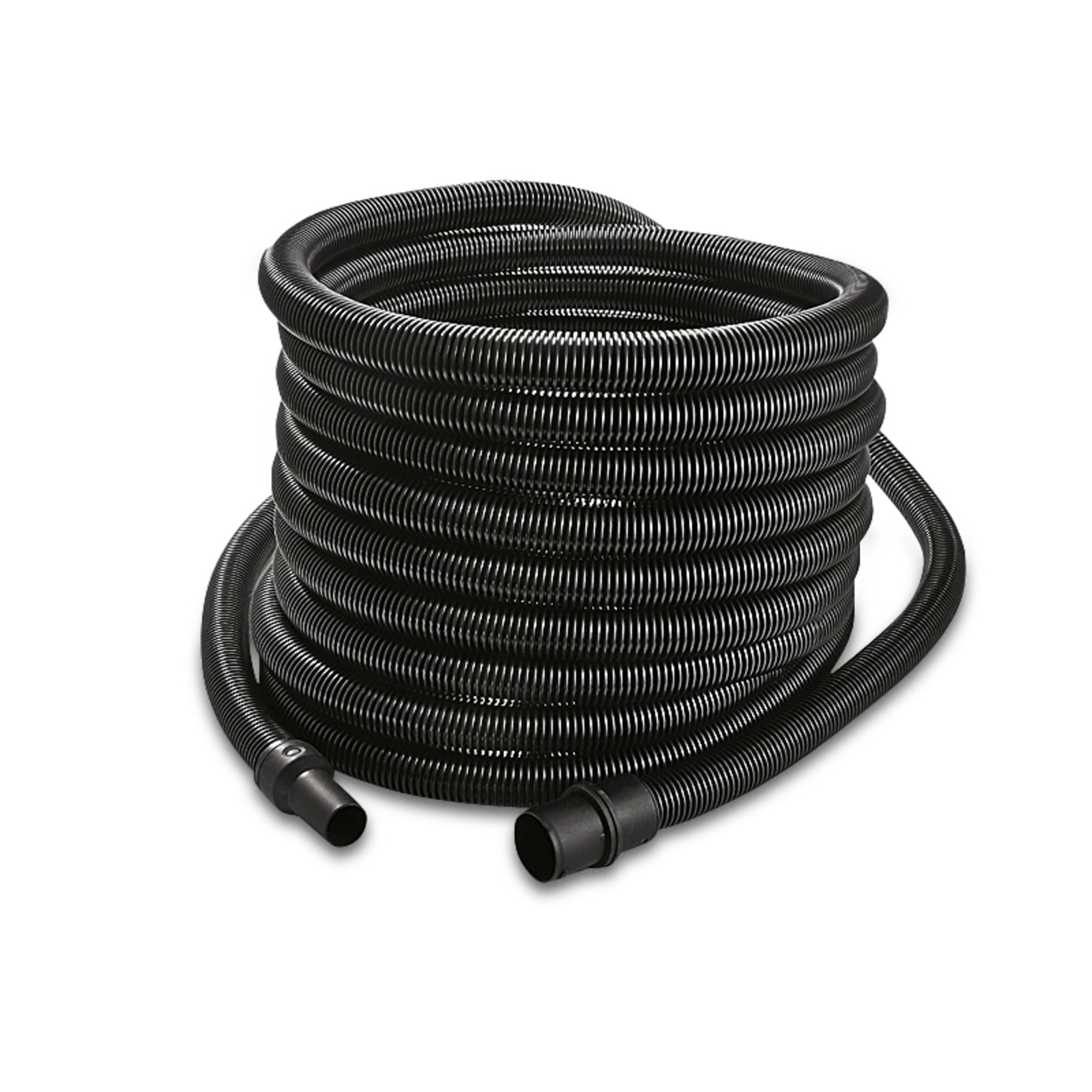 Furtun negru ondulat, lung, cu două capete deschise, înfășurat într-o bobină compactă.