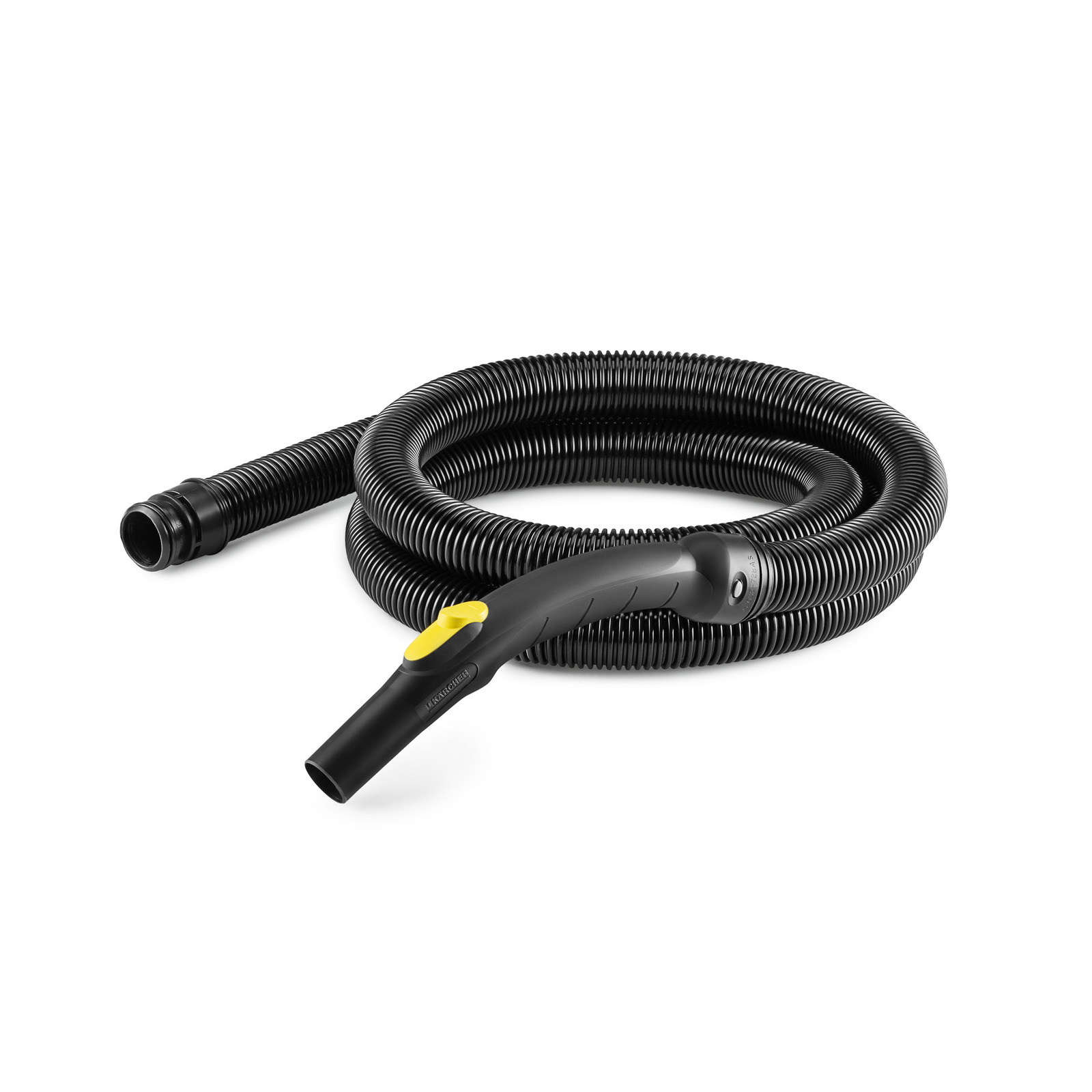 Coiled black Kärcher vacuum hose with a yellow button on the handle, set against a white background.
