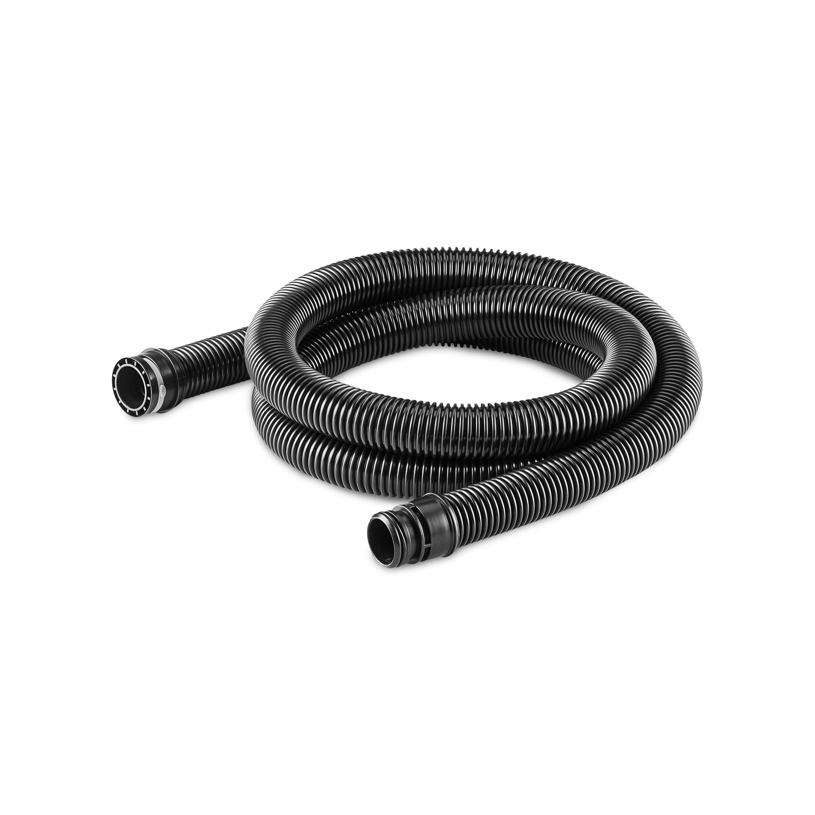 Coiled black Kärcher suction hose with ribbed texture and connectors at both ends.