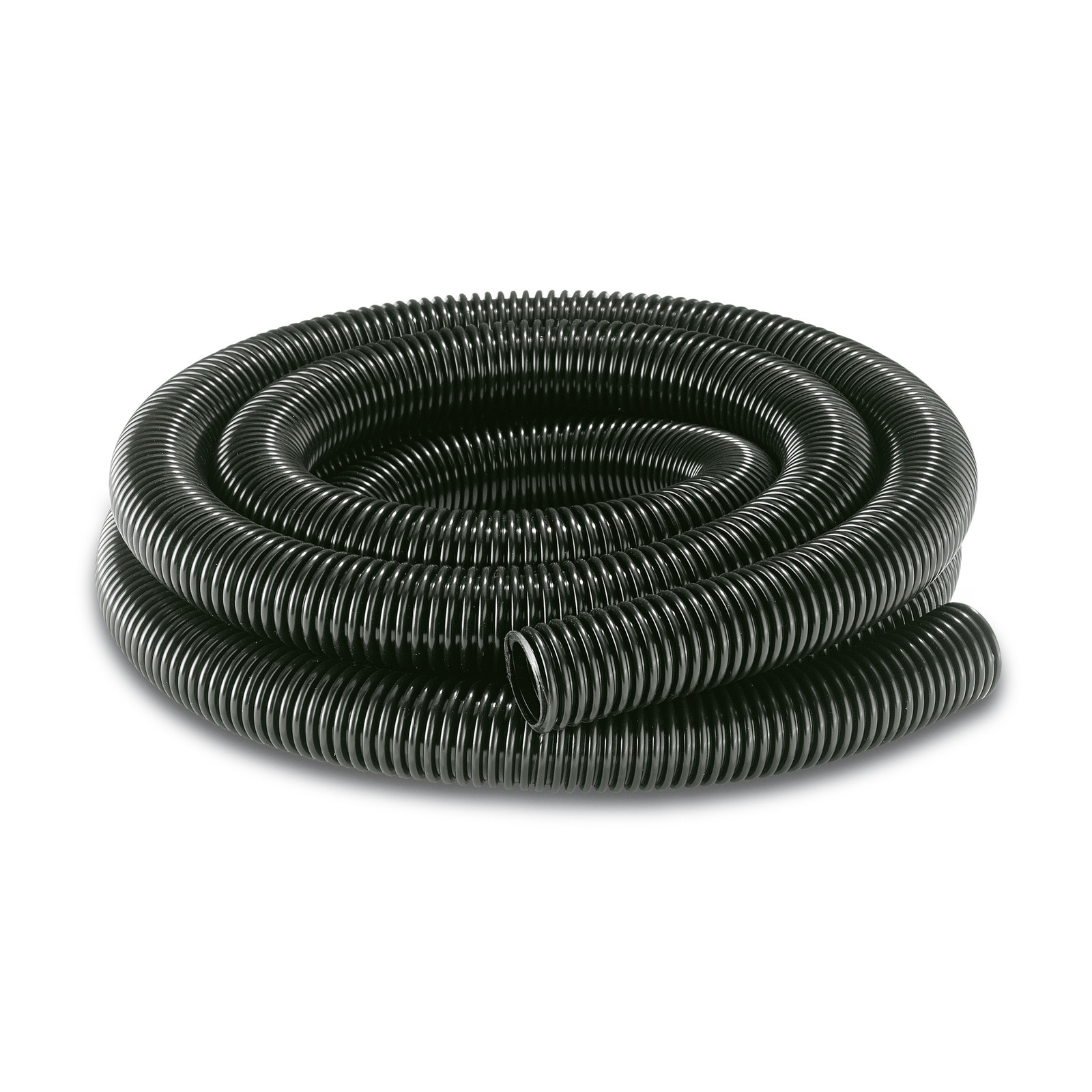 Coiled black corrugated hose on a white background.