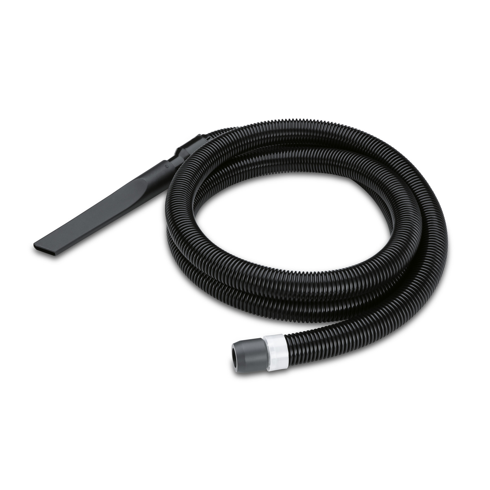 Black Kärcher vacuum cleaner hose with a crevice tool attachment, coiled neatly on a white background.