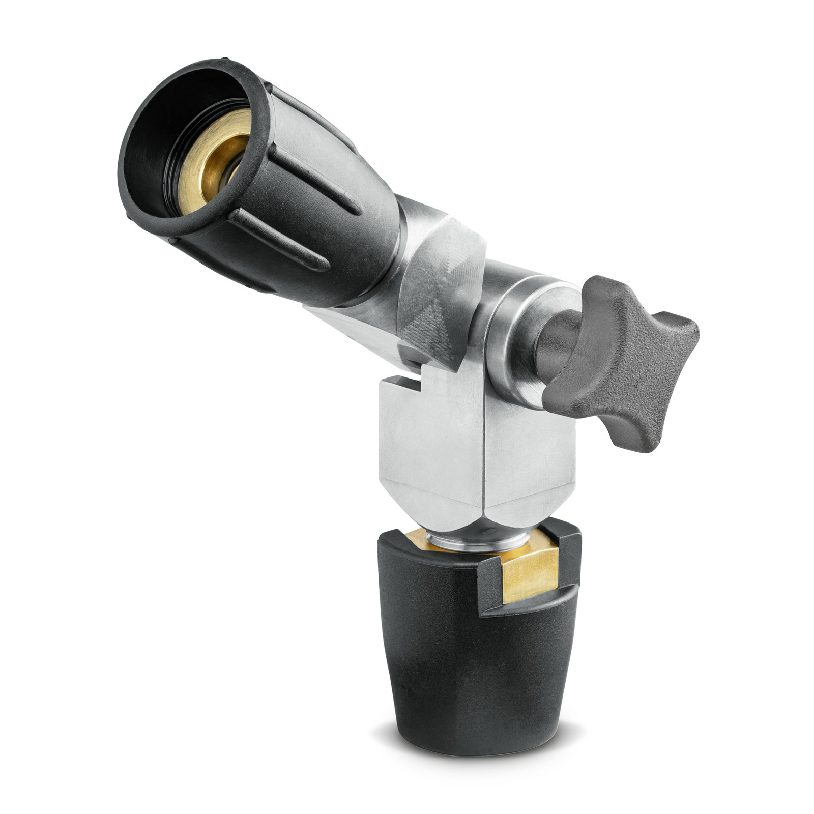 Kärcher high-pressure cleaner nozzle with a black and silver design, featuring a star-shaped adjustment knob. Kärcher high-pressure cleaner nozzle with a black and silver design, featuring a star-shaped adjustment knob.