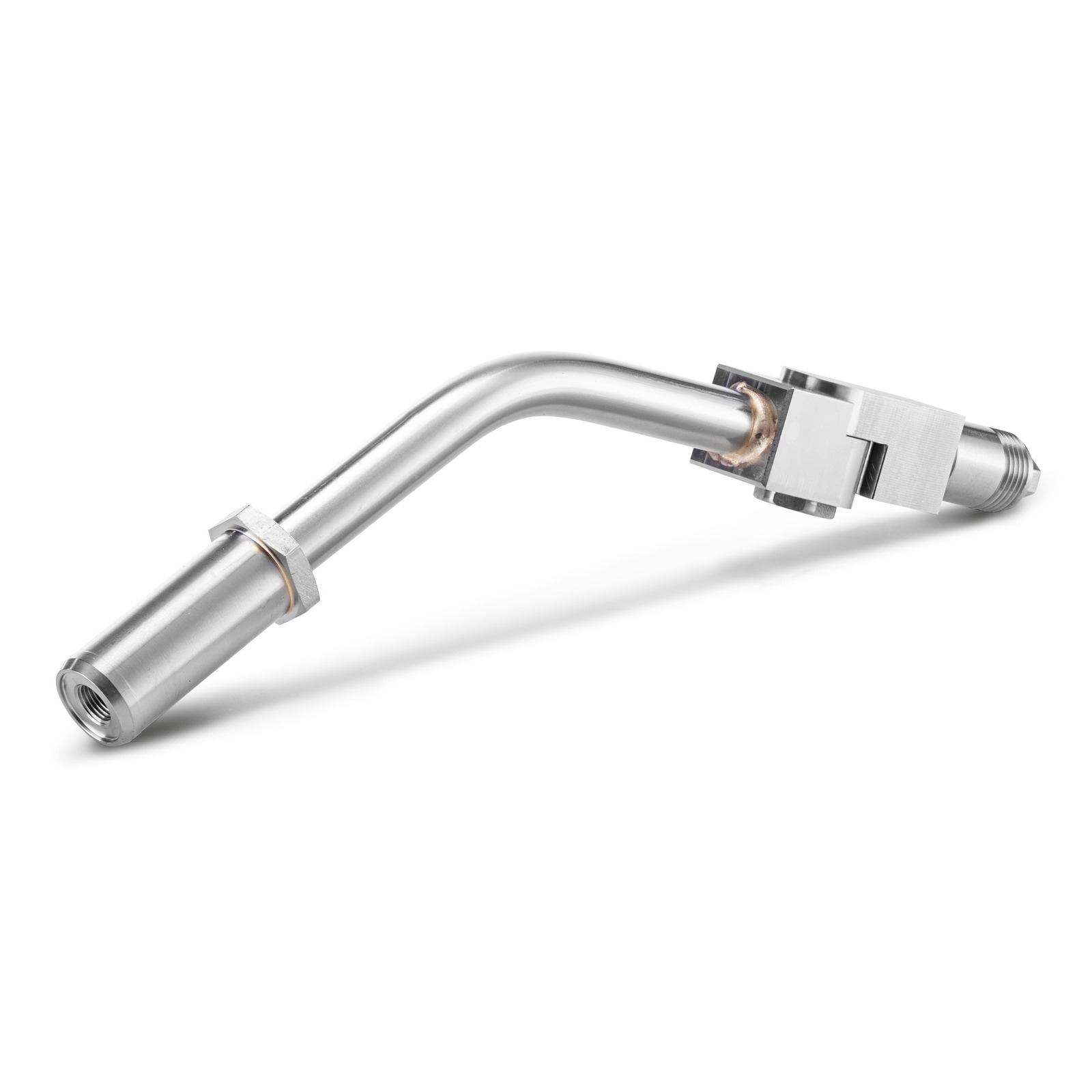Curved stainless steel pipe with threaded ends, featuring a welded joint and metal clamp.