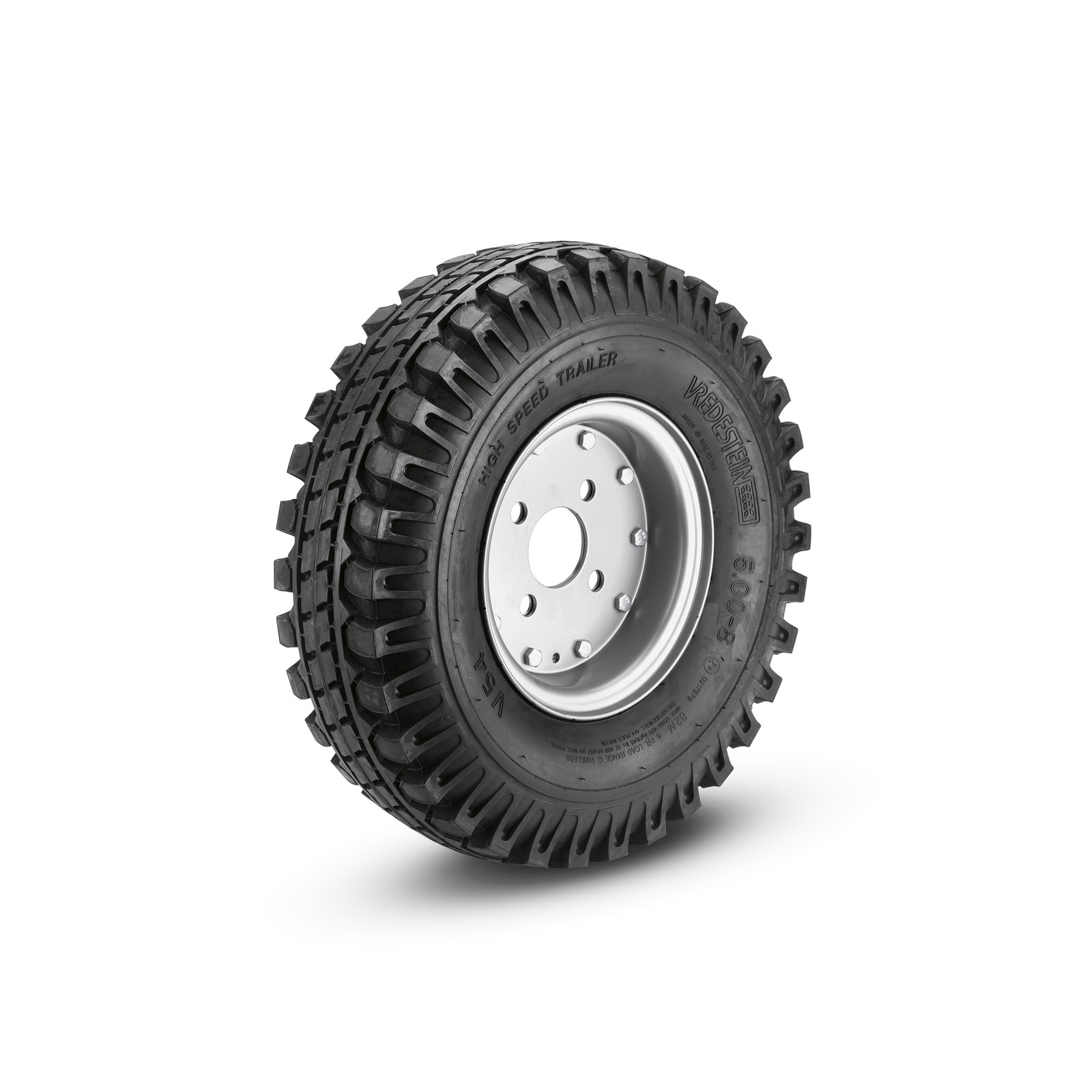Black Vredestein high-speed trailer tyre with deep tread pattern and silver wheel rim, isolated on white background. Black Vredestein high-speed trailer tyre with deep tread pattern and silver wheel rim, isolated on white background.