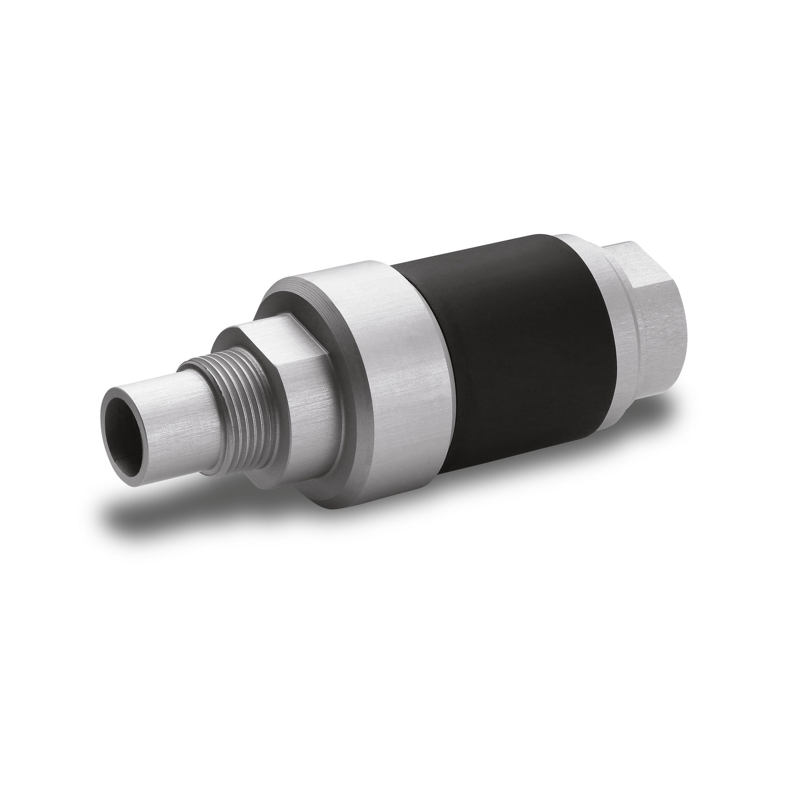 Silver and black cylindrical Kärcher connector with threaded end, isolated on a white background.