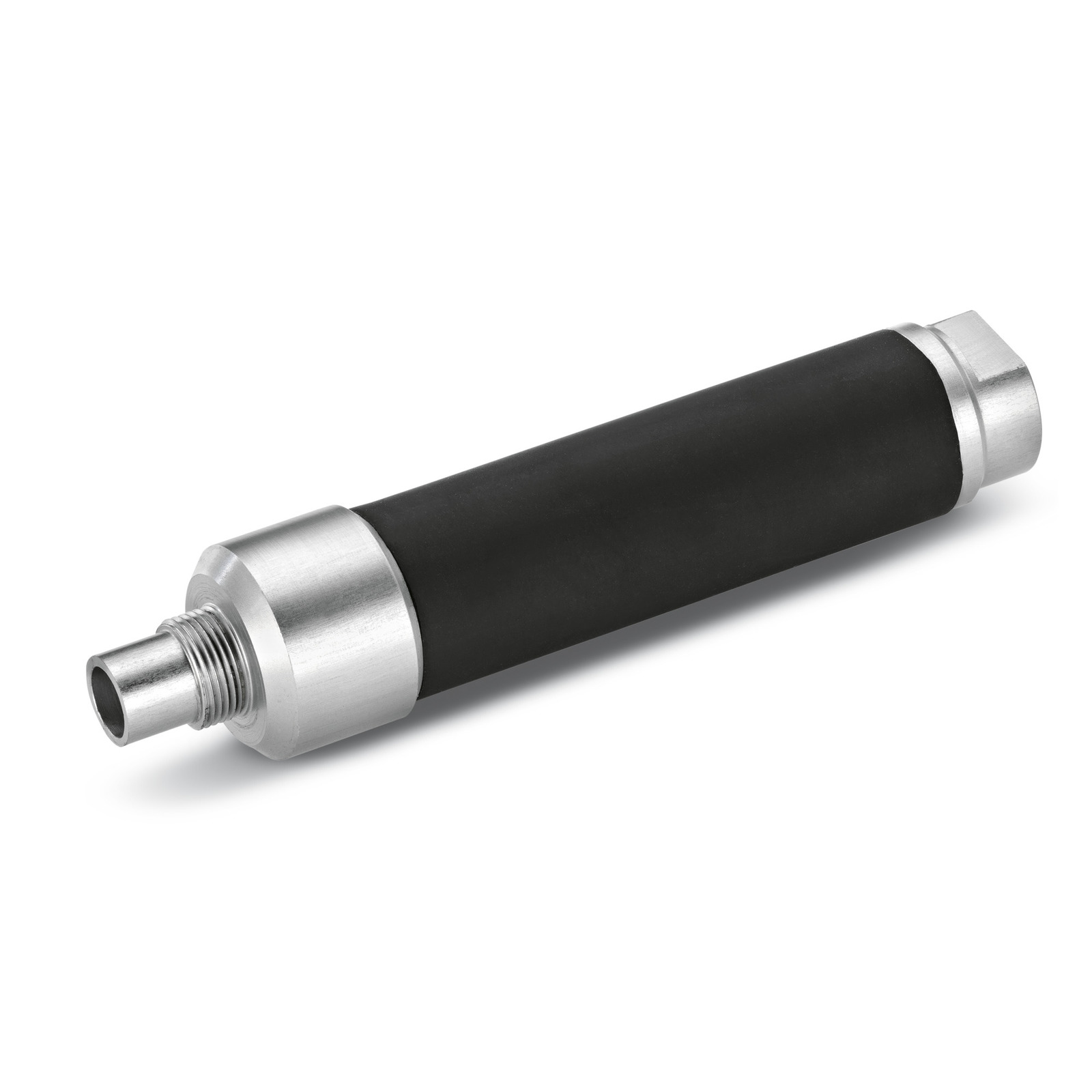 Black and silver cylindrical Kärcher accessory with threaded metal end, isolated on white background. Black and silver cylindrical Kärcher accessory with threaded metal end, isolated on white background.