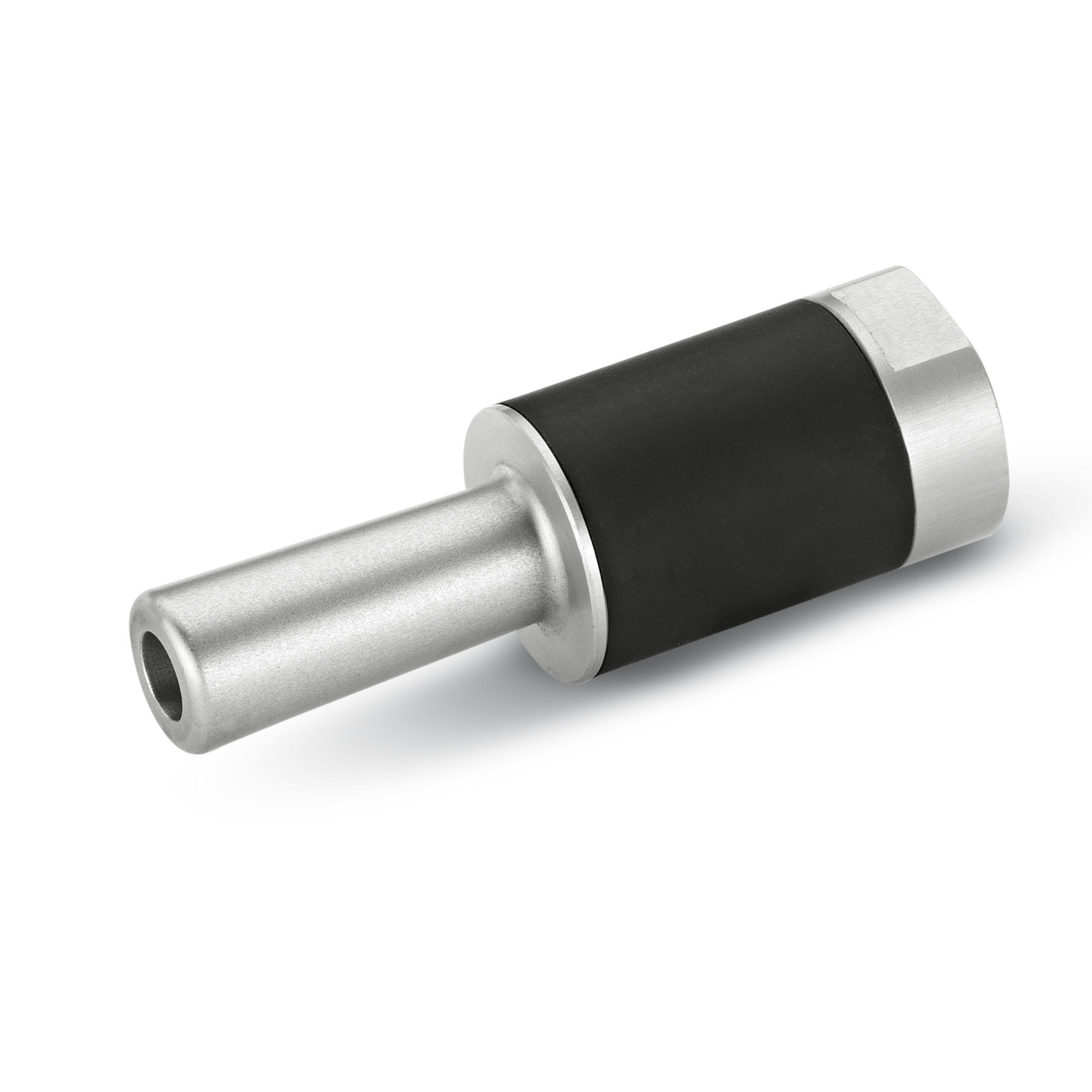 Silver and black cylindrical nozzle attachment, likely for a Kärcher cleaning device, on a white background. Silver and black cylindrical nozzle attachment, likely for a Kärcher cleaning device, on a white background.