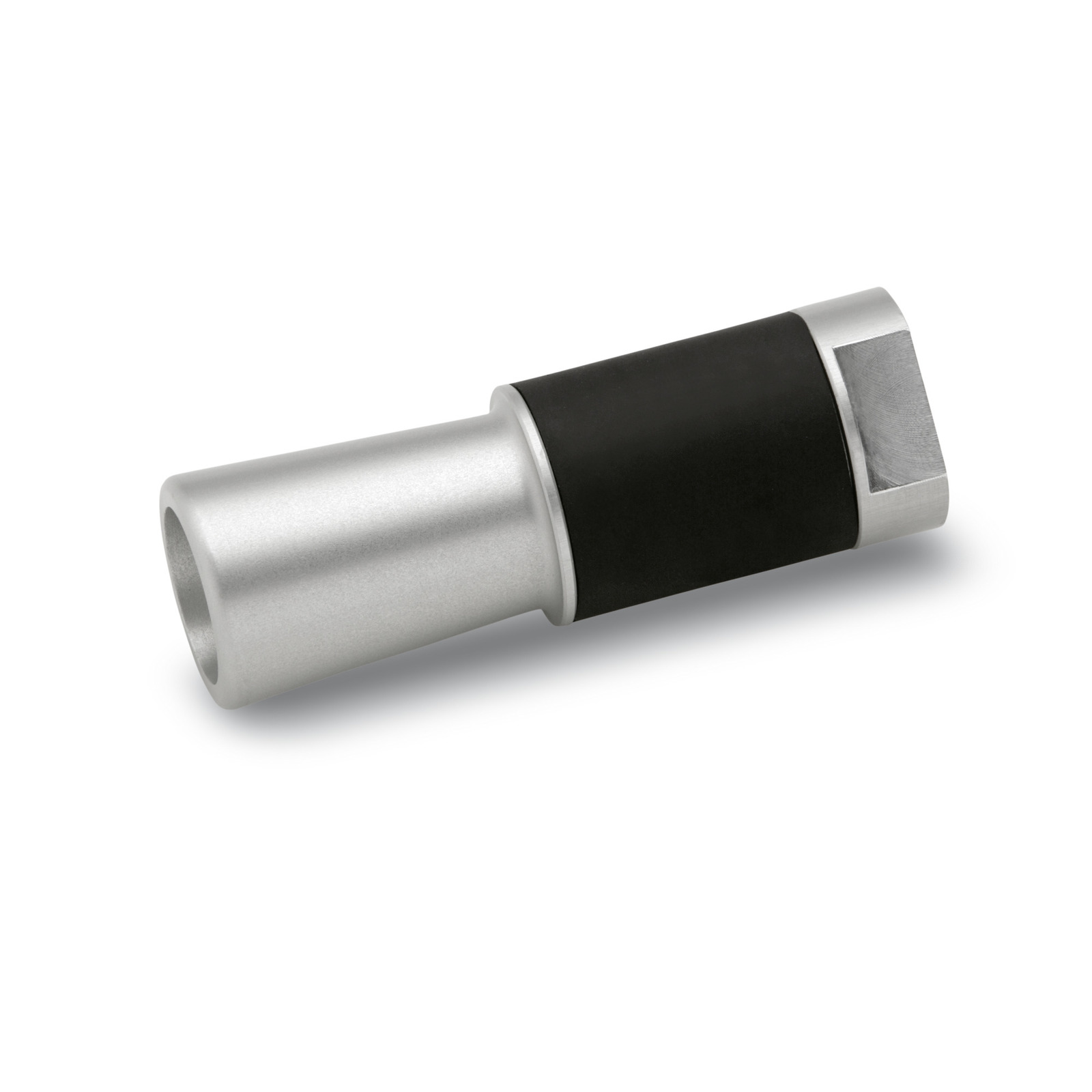Silver and black cylindrical nozzle attachment, with a textured square end, lying on a white surface.