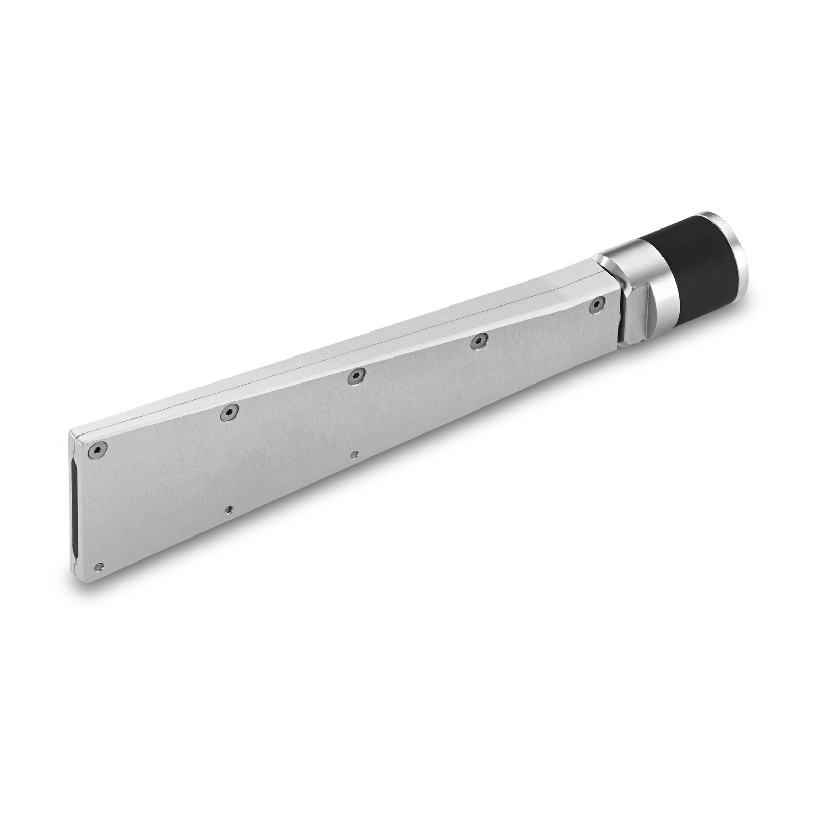 Silver Kärcher high-pressure cleaner nozzle with black tip, featuring a sleek design and visible screws. Silver Kärcher high-pressure cleaner nozzle with black tip, featuring a sleek design and visible screws.