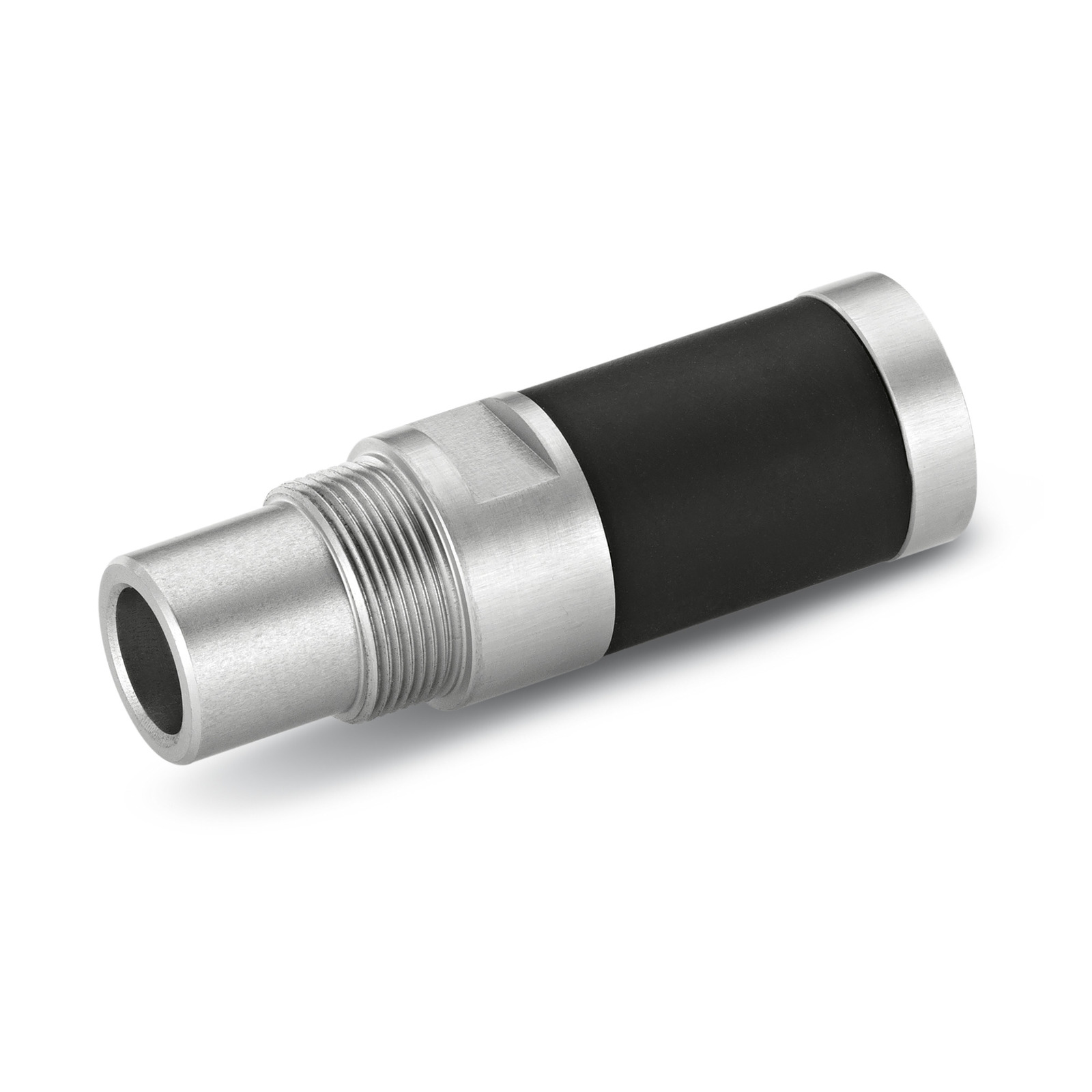 Metal and black cylindrical component with threaded section, likely part of a Kärcher high-pressure cleaner. Metal and black cylindrical component with threaded section, likely part of a Kärcher high-pressure cleaner.