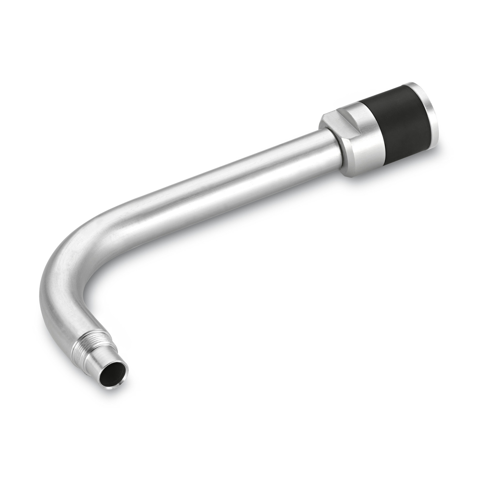 Curved metal pipe with threaded end and black connector, isolated on white background.